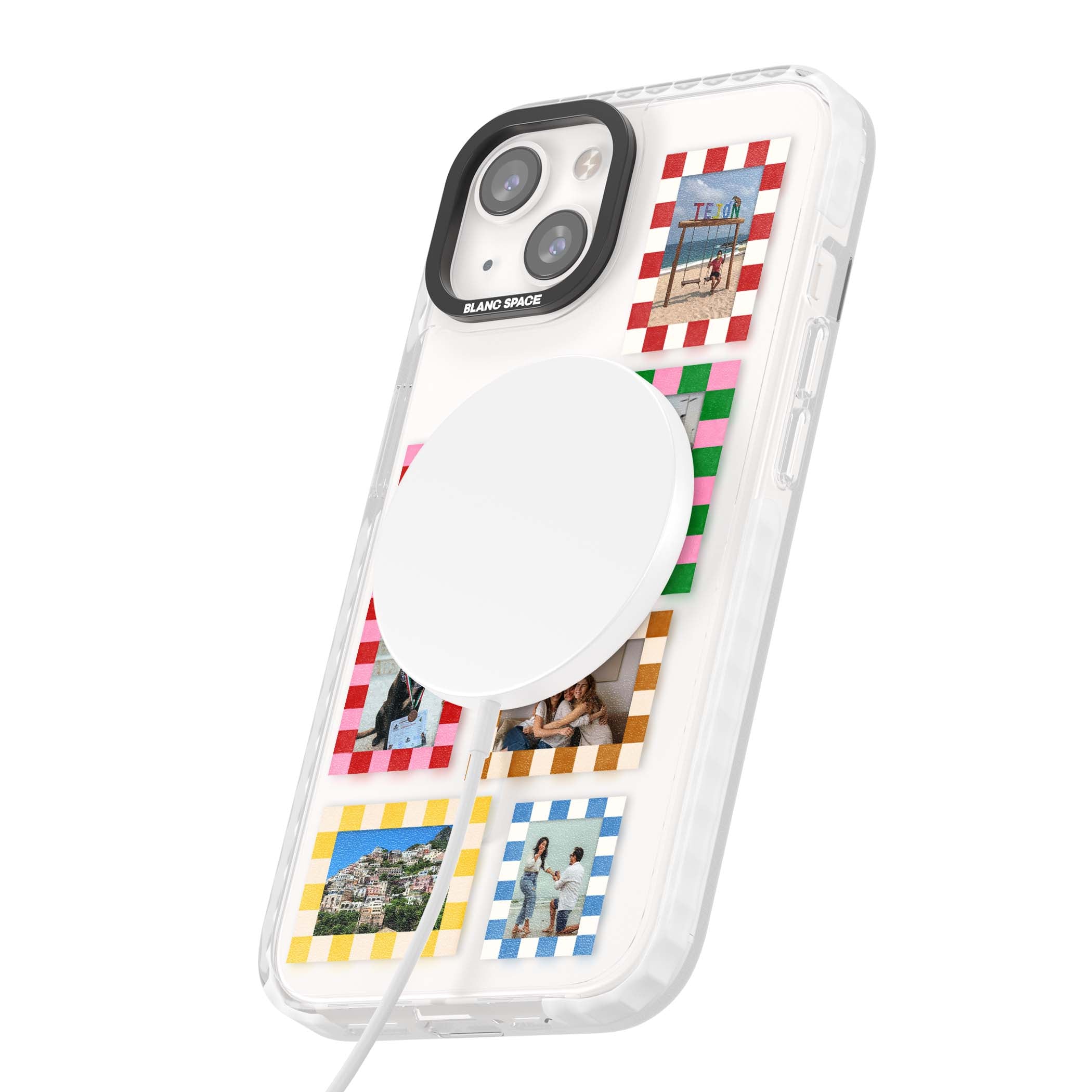 Italian Check Frames custom photo collage iPhone case featuring six checkered photo frames in red, green, pink and | Impact Magsafe case for iPhone 13, iPhone 14, iPhone 15