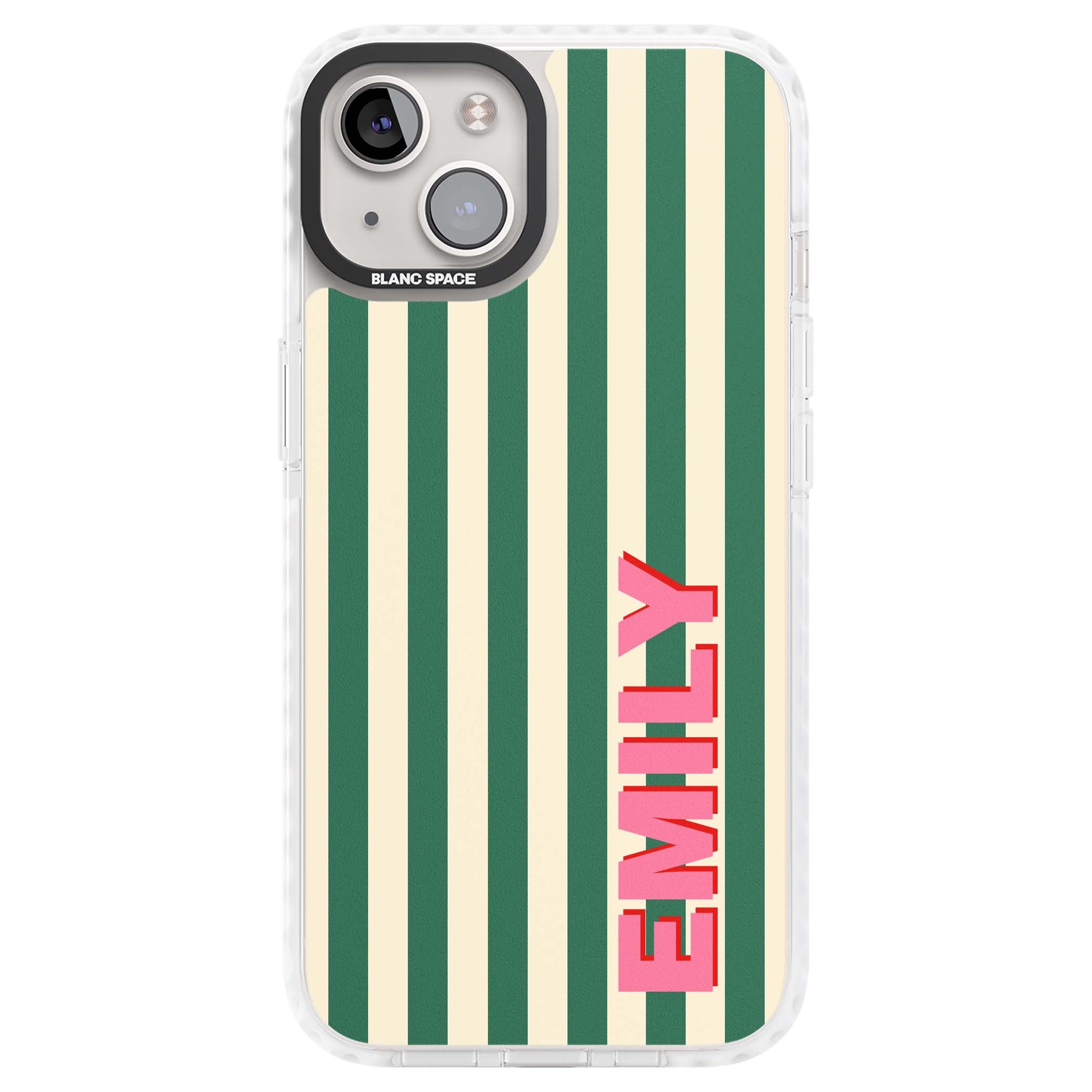 Wimbledon Stripe preppy iPhone case featuring green and cream vertical stripes with a personalised pink name | Impact Magsafe case for iPhone 13, iPhone 14, iPhone 15