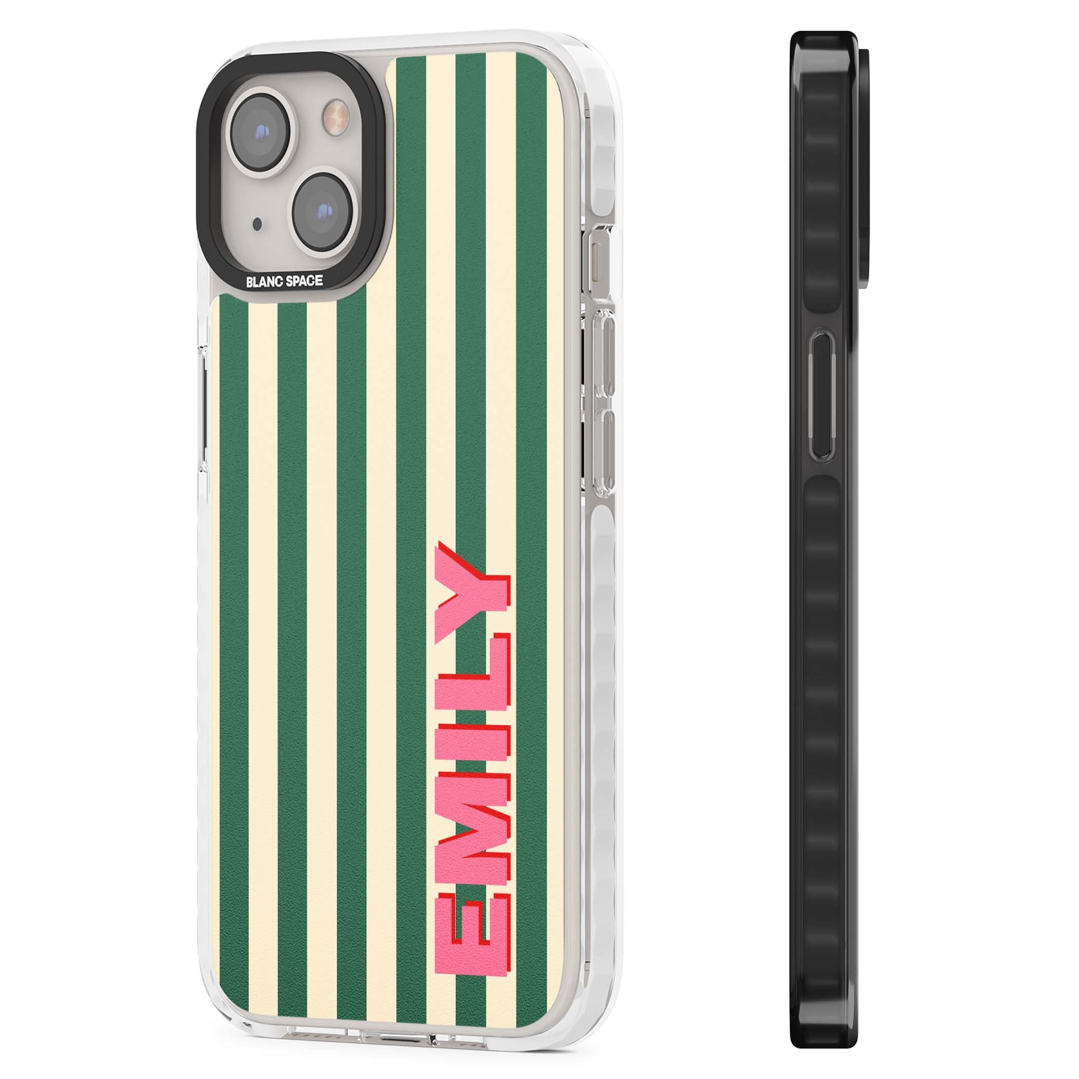 Wimbledon Stripe preppy iPhone case featuring green and cream vertical stripes with a personalised pink name | Impact Magsafe case for iPhone 13, iPhone 14, iPhone 15