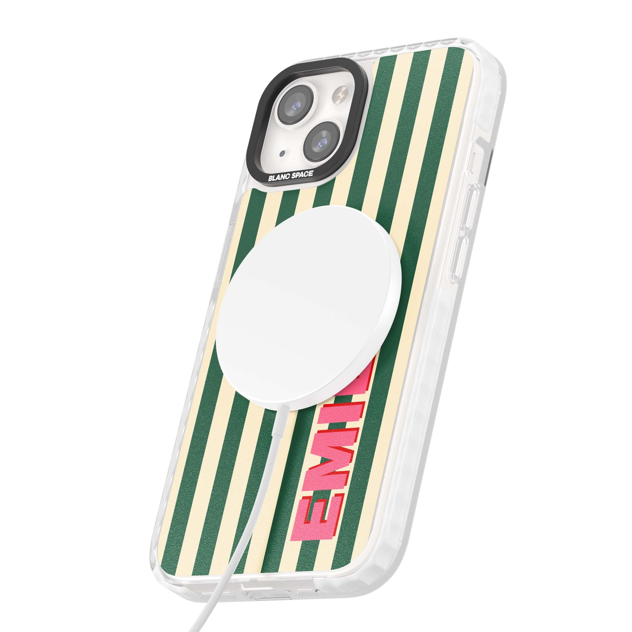 Wimbledon Stripe preppy iPhone case featuring green and cream vertical stripes with a personalised pink name | Impact Magsafe case for iPhone 13, iPhone 14, iPhone 15