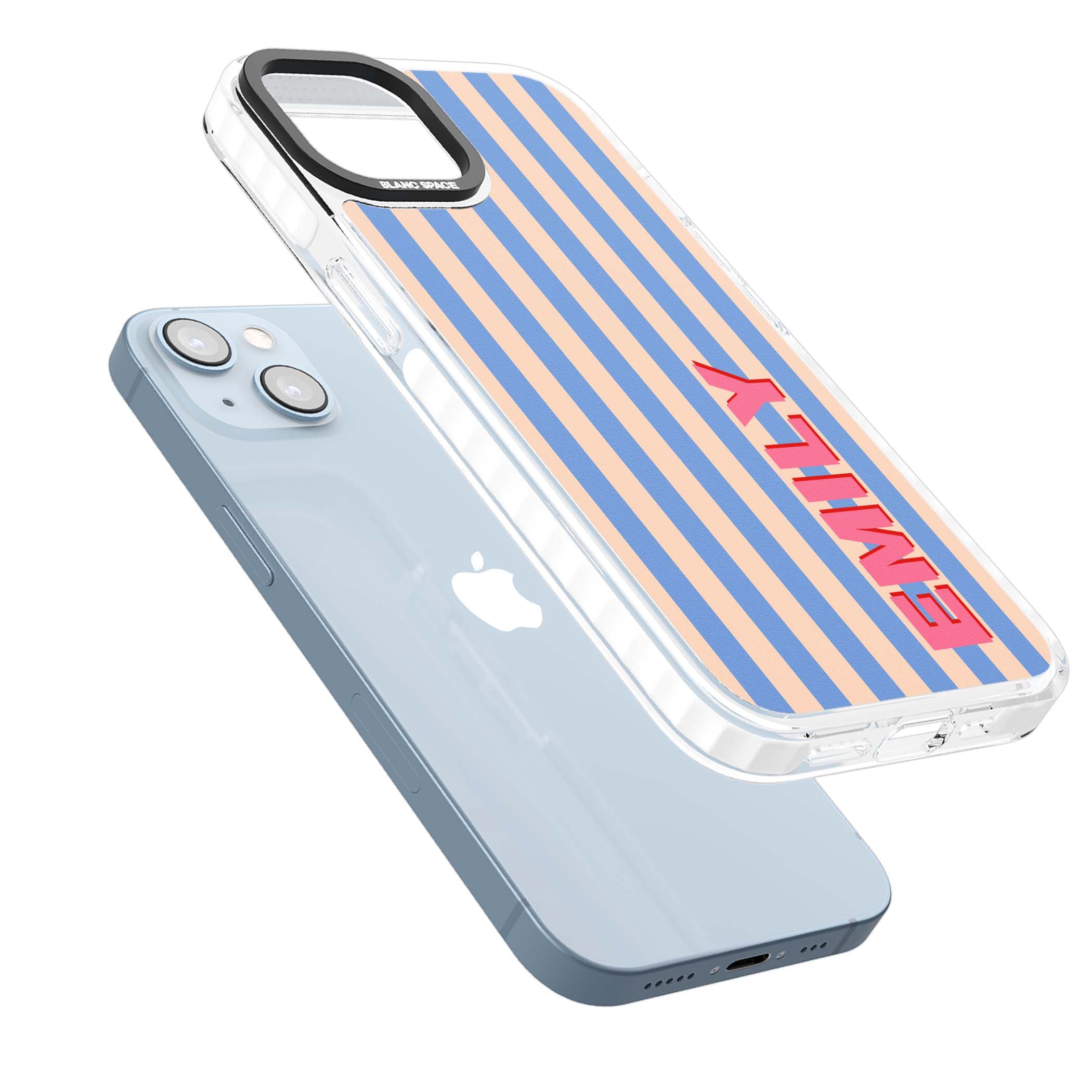 Coastal Stripe personalised coastal iPhone case with blue and peach vertical stripes and custom pink name | Impact Magsafe case for iPhone 13, iPhone 14, iPhone 15