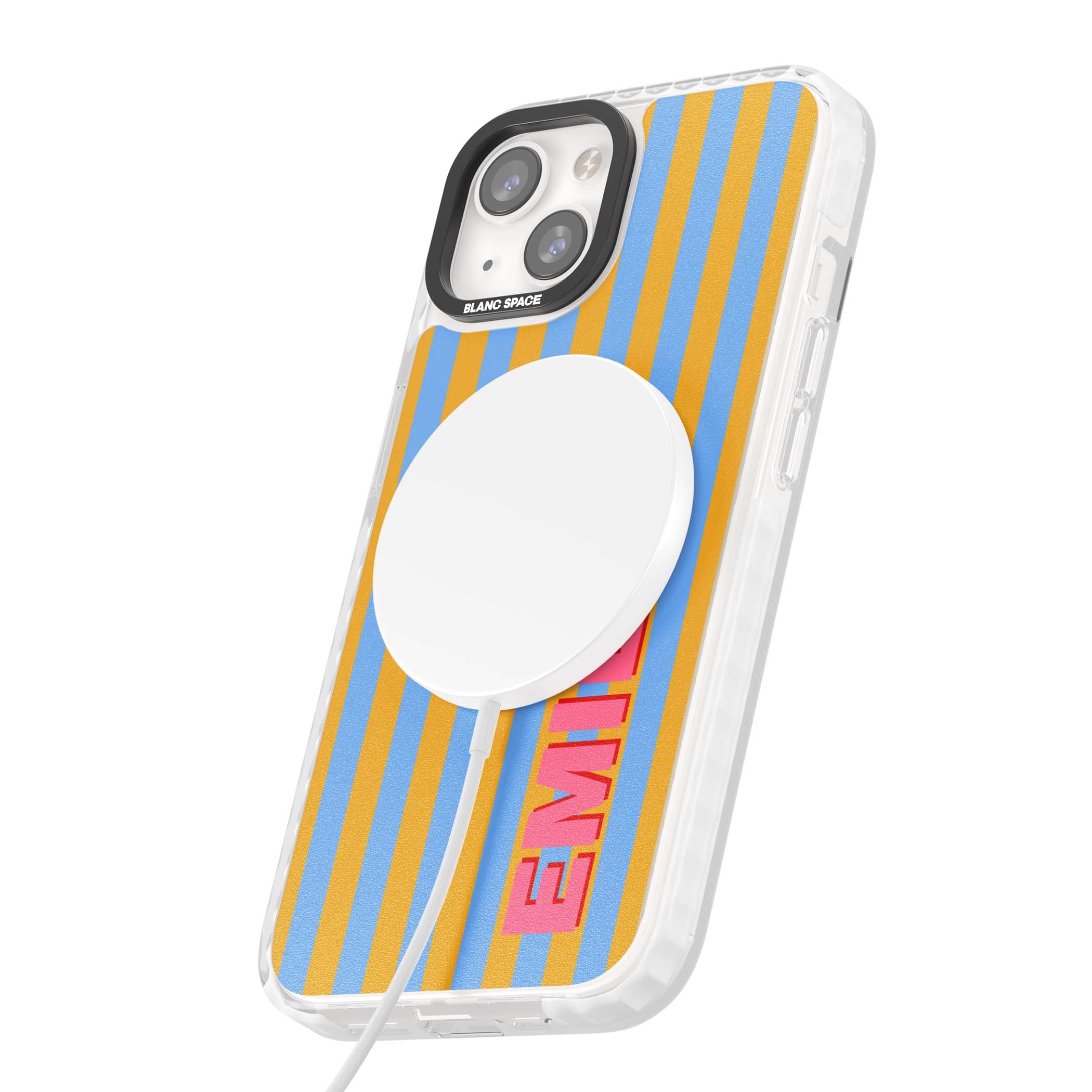 Carribean Stripe personalised coastal iPhone case with yellow and blue vertical stripes and a custom pink name | Impact Magsafe case for iPhone 13, iPhone 14, iPhone 15