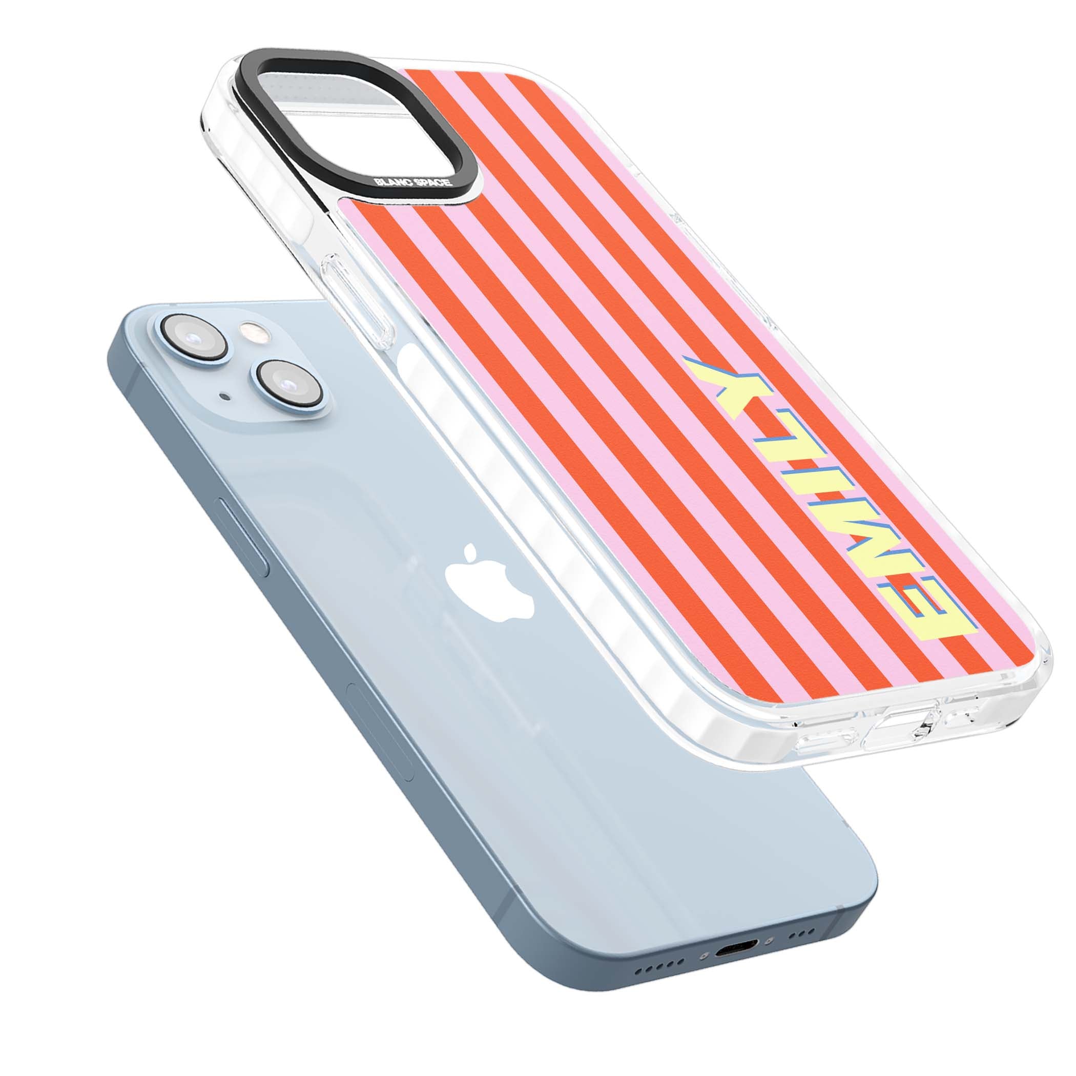 Havana Stripe personalised iPhone case featuring pink and orange vertical stripes with a custom yellow name | Impact Magsafe case for iPhone 13, iPhone 14, iPhone 15