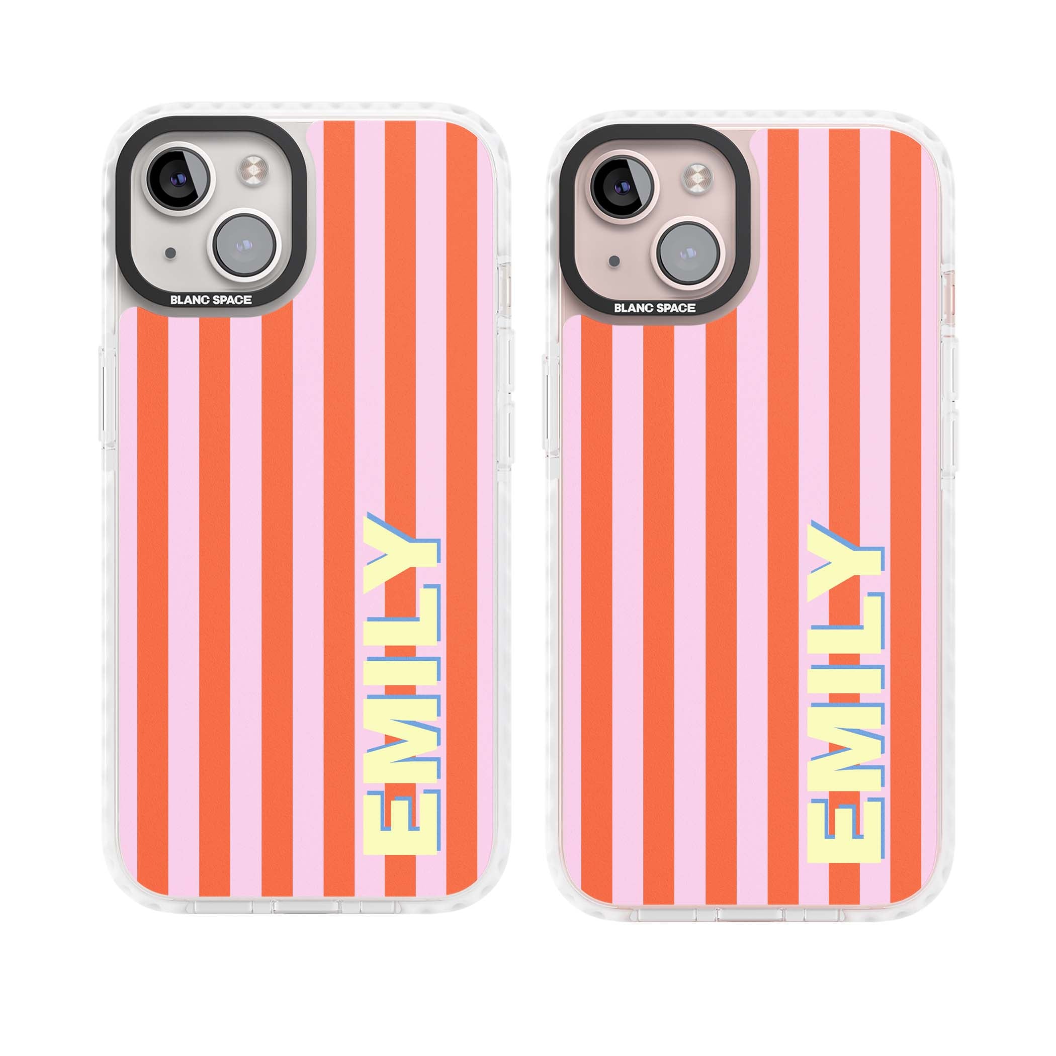 Havana Stripe personalised iPhone case featuring pink and orange vertical stripes with a custom yellow name | Impact Magsafe case for iPhone 13, iPhone 14, iPhone 15