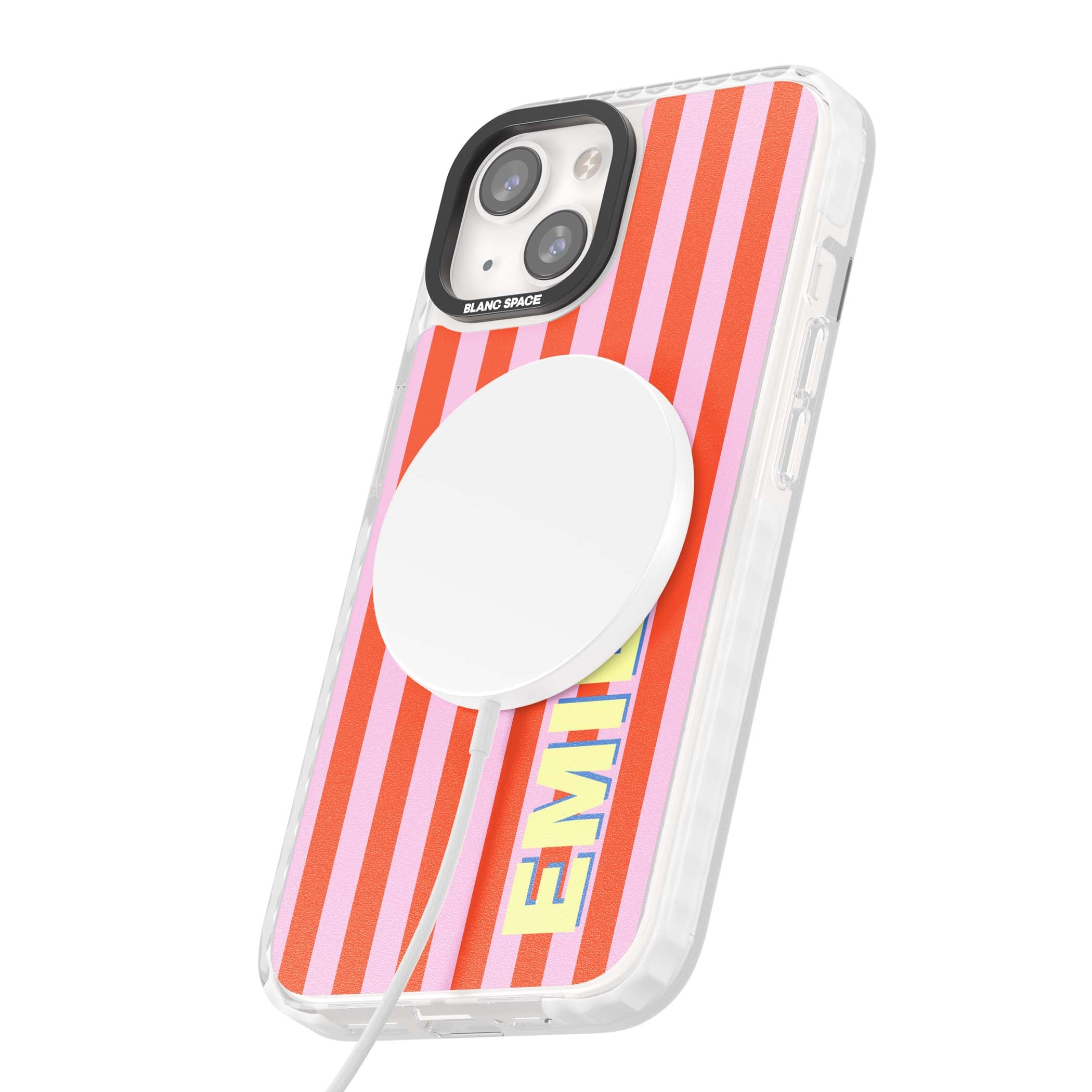 Havana Stripe personalised iPhone case featuring pink and orange vertical stripes with a custom yellow name | Impact Magsafe case for iPhone 13, iPhone 14, iPhone 15
