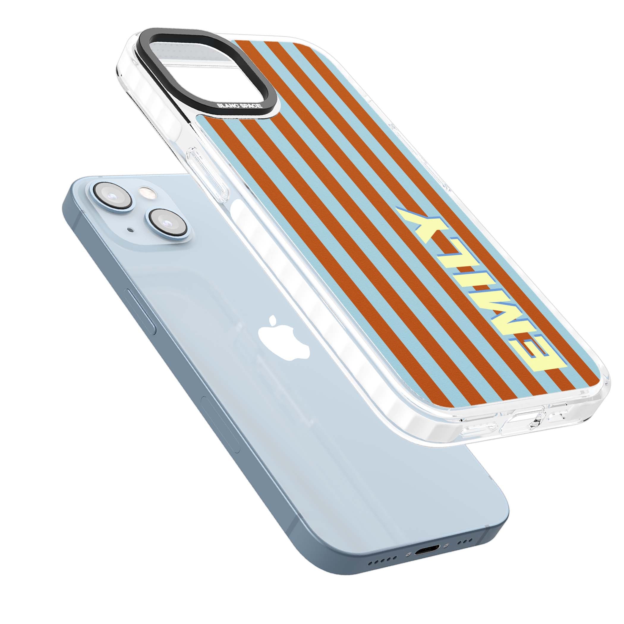 Cappadocia Stripe personalised coastal iPhone case featuring blue and orange vertical stripes with custom cream name | Impact Magsafe case for iPhone 13, iPhone 14, iPhone 15