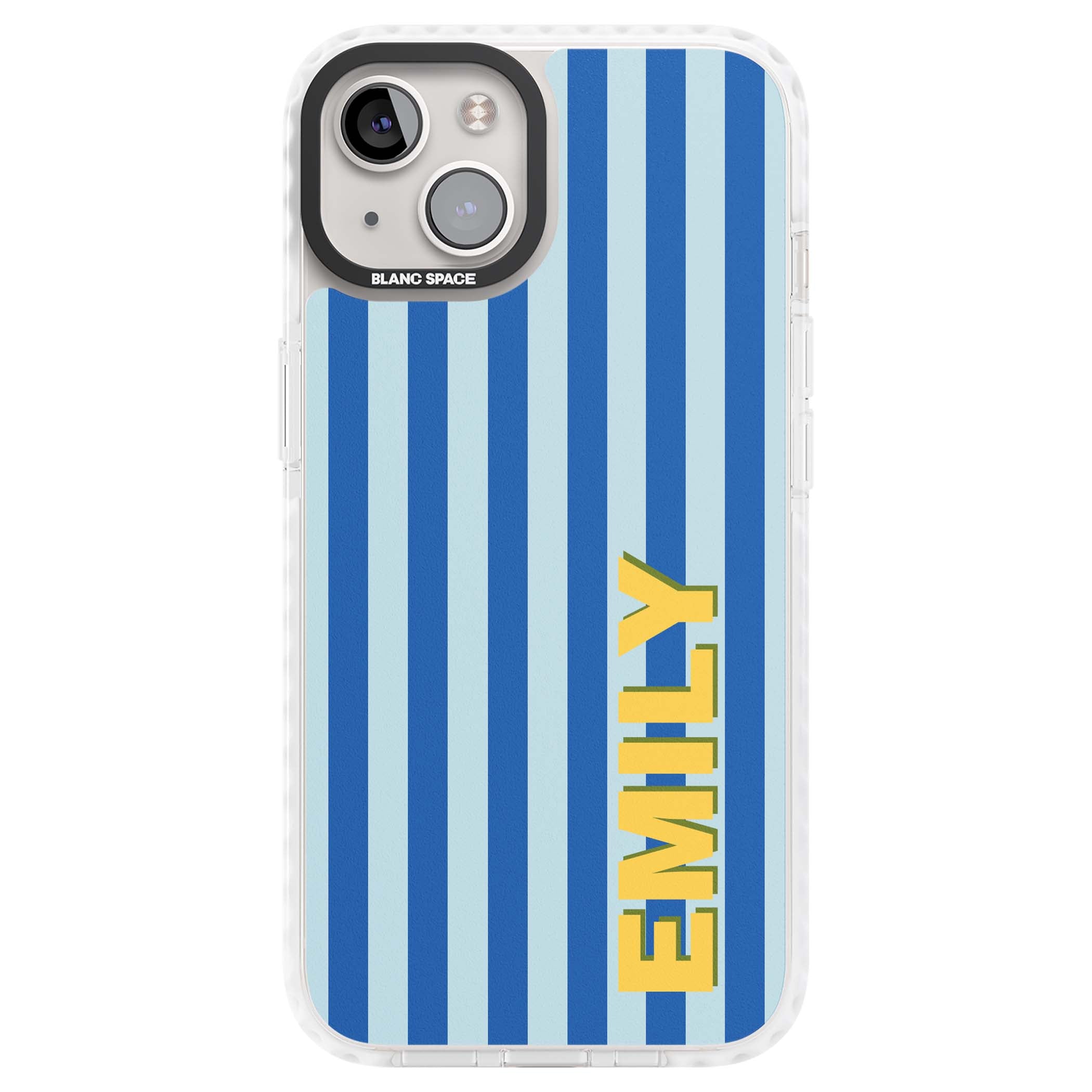 Athenian Stripe personalised preppy iPhone case featuring blue vertical stripes and a custom yellow name | Impact Magsafe case for iPhone 13, iPhone 14, iPhone 15