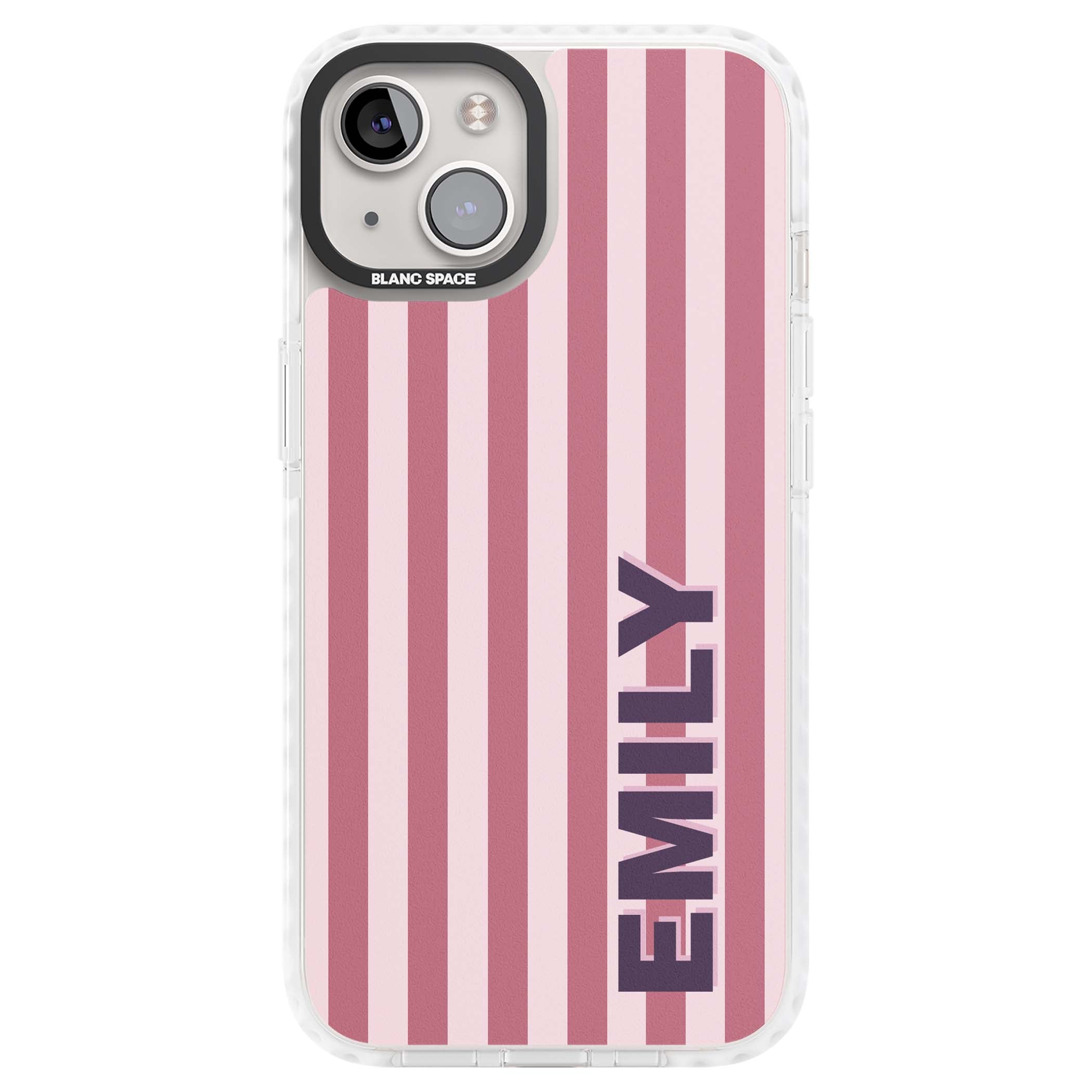 Victoria Stripe personalised iPhone case featuring pink vertical stripes and custom name in bold plum lettering | Impact Magsafe case for iPhone 13, iPhone 14, iPhone 15
