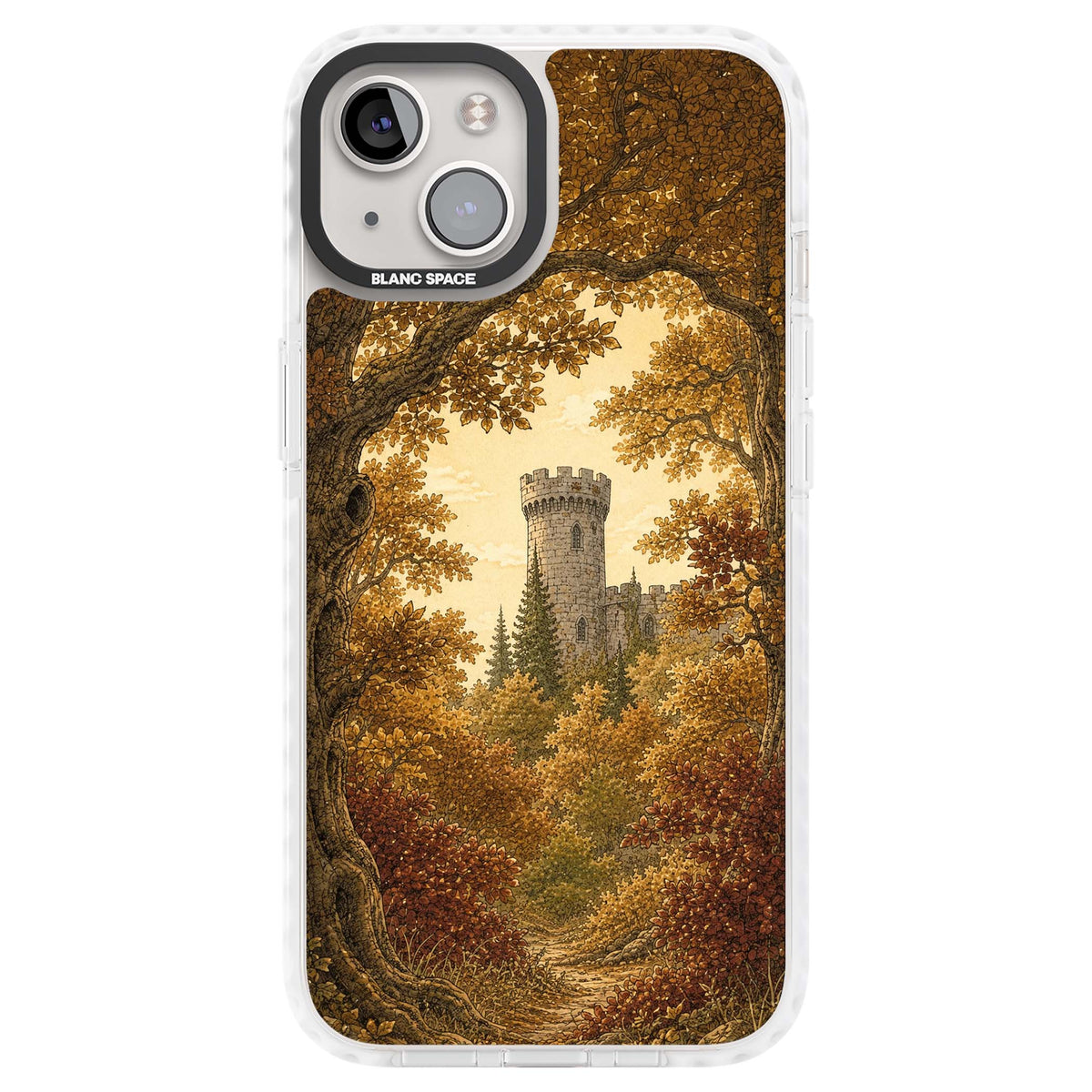 Autumn Keep cottagecore iPhone case featuring a medieval castle tower framed by golden autumn trees and woodland foliage | Impact Magsafe case for iPhone 13, iPhone 14, iPhone 15