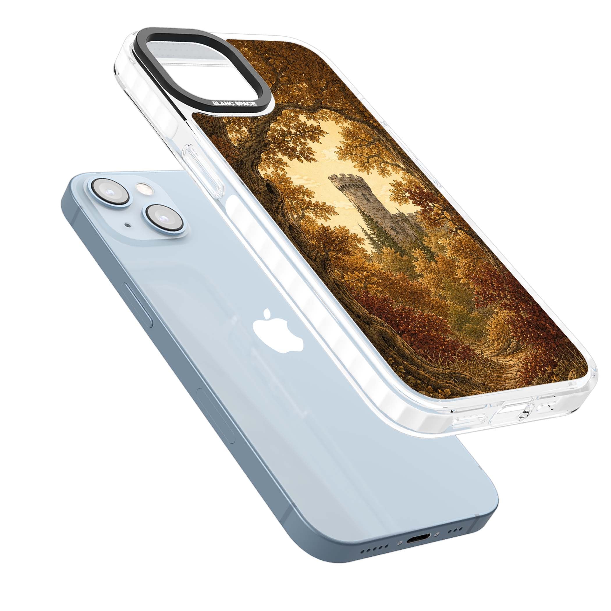 Autumn Keep cottagecore iPhone case featuring a medieval castle tower framed by golden autumn trees and woodland foliage | Impact Magsafe case for iPhone 13, iPhone 14, iPhone 15