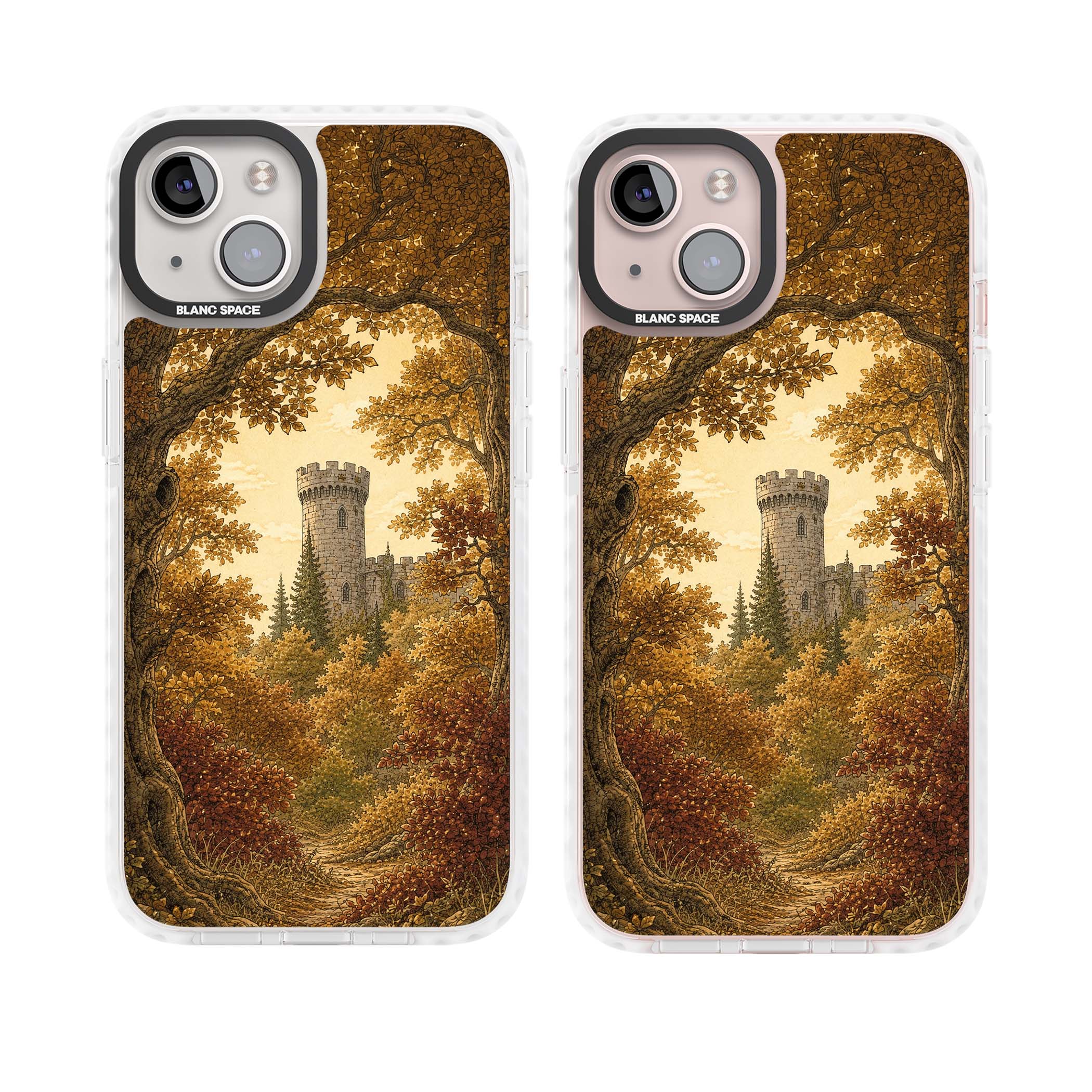 Autumn Keep cottagecore iPhone case featuring a medieval castle tower framed by golden autumn trees and woodland foliage | Impact Magsafe case for iPhone 13, iPhone 14, iPhone 15