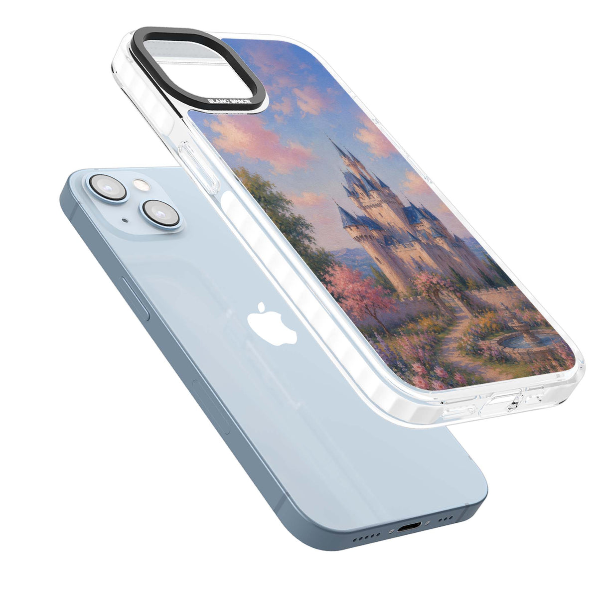 Enchanted Kingdom fairytale iPhone case featuring a romantic castle painting with cherry blossoms and pastel pink sky | Impact Magsafe case for iPhone 13, iPhone 14, iPhone 15