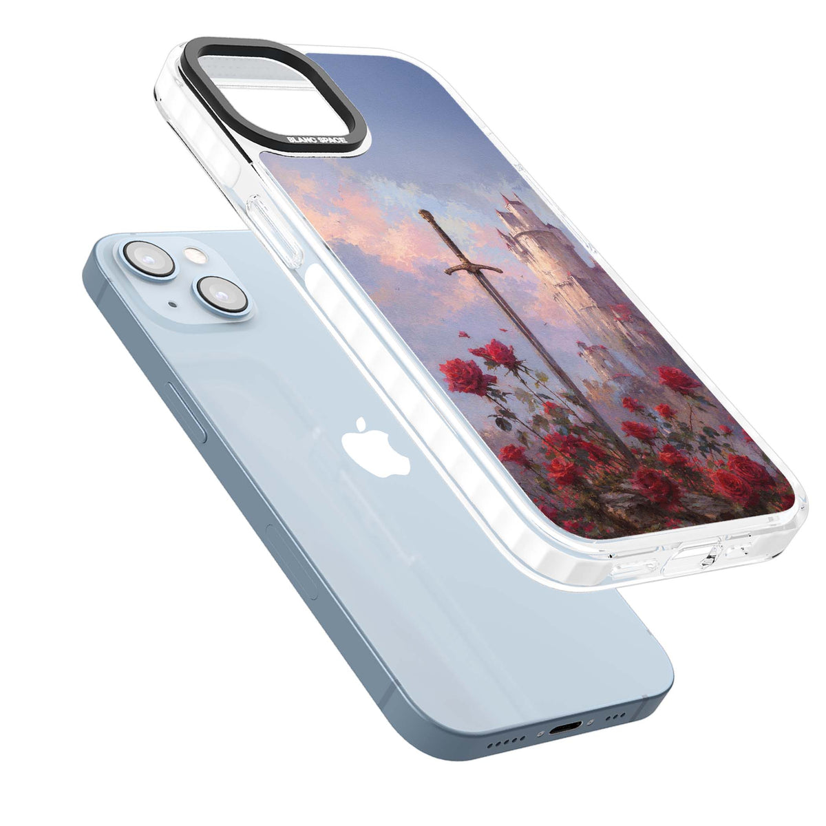 Sword in Roses medieval art iPhone case featuring a sword, red roses, and a misty fairytale castle at sunset | Impact Magsafe case for iPhone 13, iPhone 14, iPhone 15