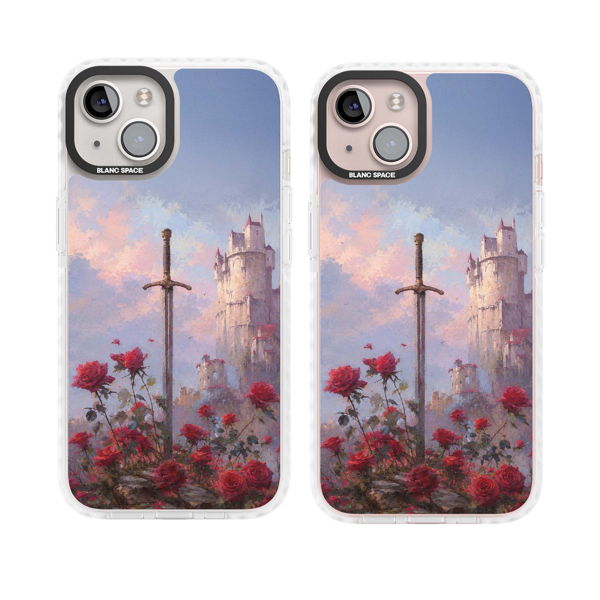 Sword in Roses medieval art iPhone case featuring a sword, red roses, and a misty fairytale castle at sunset | Impact Magsafe case for iPhone 13, iPhone 14, iPhone 15