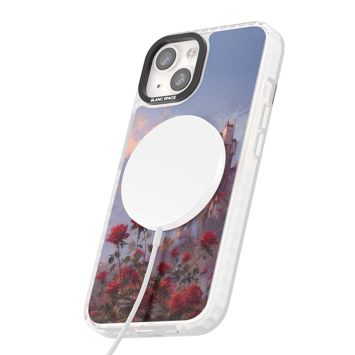 Sword in Roses medieval art iPhone case featuring a sword, red roses, and a misty fairytale castle at sunset | Impact Magsafe case for iPhone 13, iPhone 14, iPhone 15