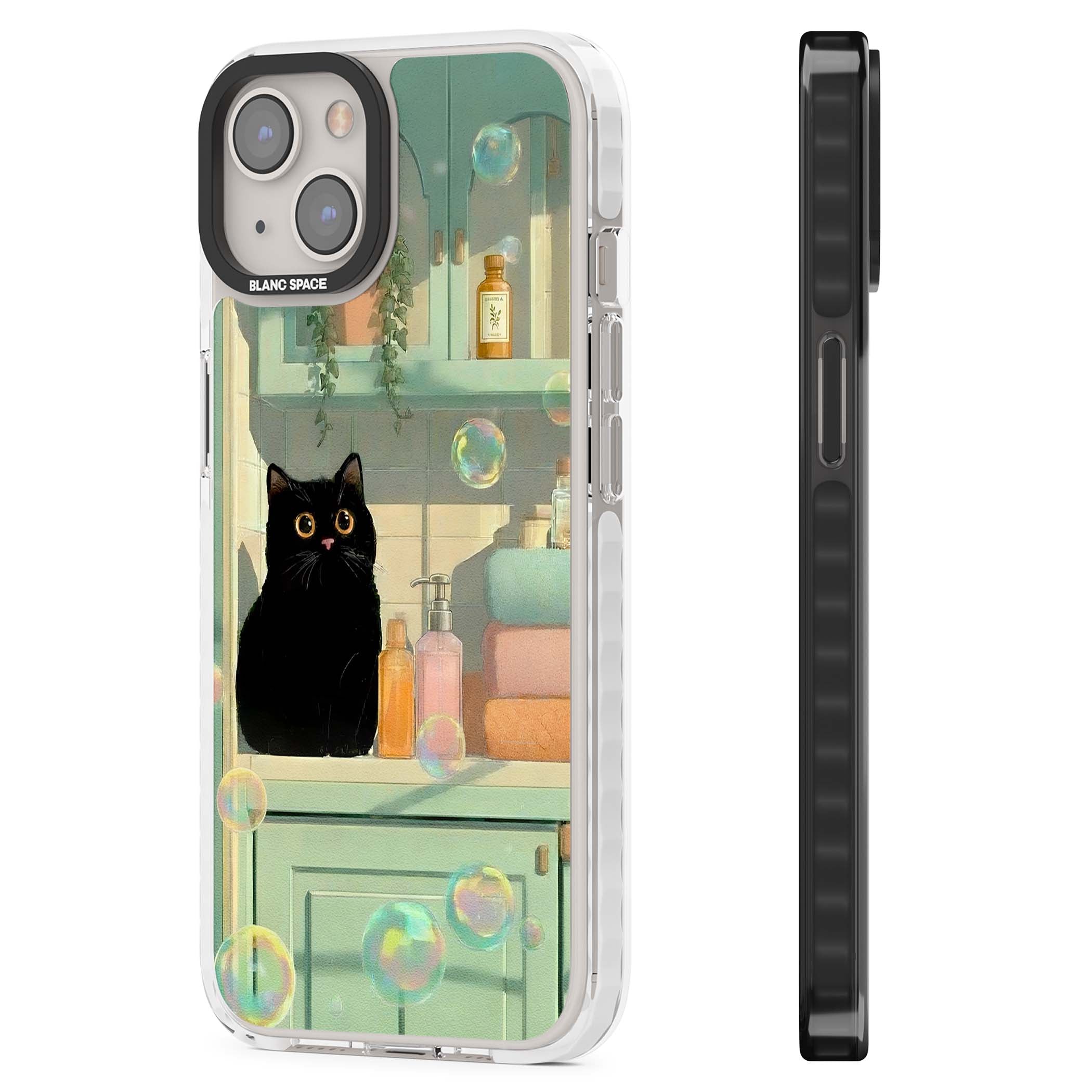 Bathroom Bubble Kitty cottagecore iPhone case featuring a black cat, mint bathroom scene and floating soap bubbles | Impact Magsafe case for iPhone 13, iPhone 14, iPhone 15