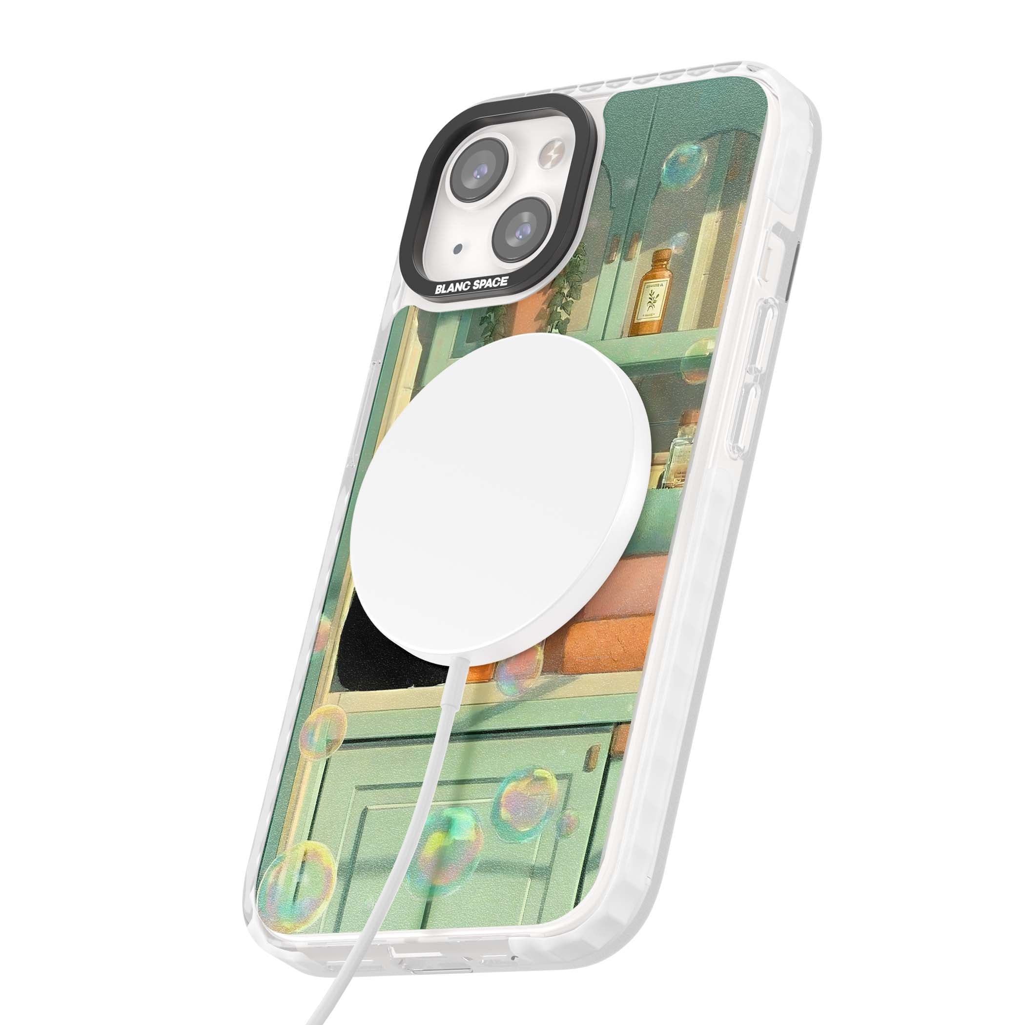 Bathroom Bubble Kitty cottagecore iPhone case featuring a black cat, mint bathroom scene and floating soap bubbles | Impact Magsafe case for iPhone 13, iPhone 14, iPhone 15