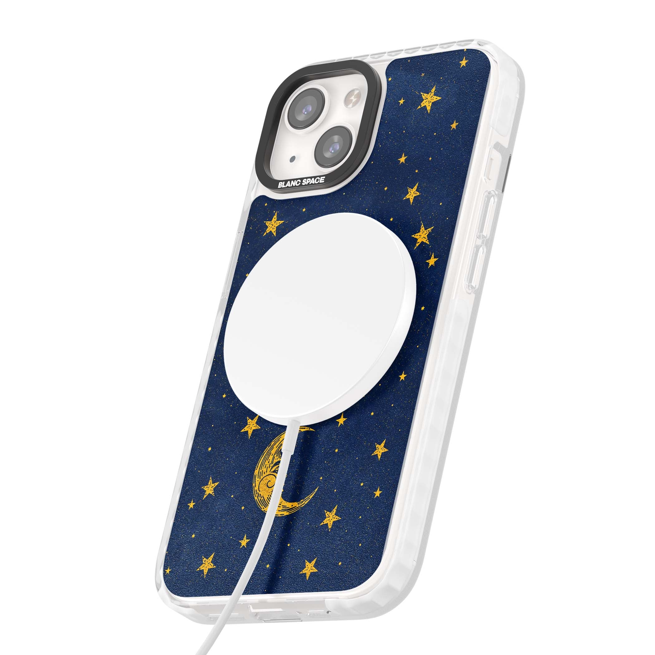 Sun & Moon Reverie celestial iPhone case featuring a vintage golden sun, crescent moon and scattered stars on midnight blue | Impact Magsafe case for iPhone 13, iPhone 14, iPhone 15