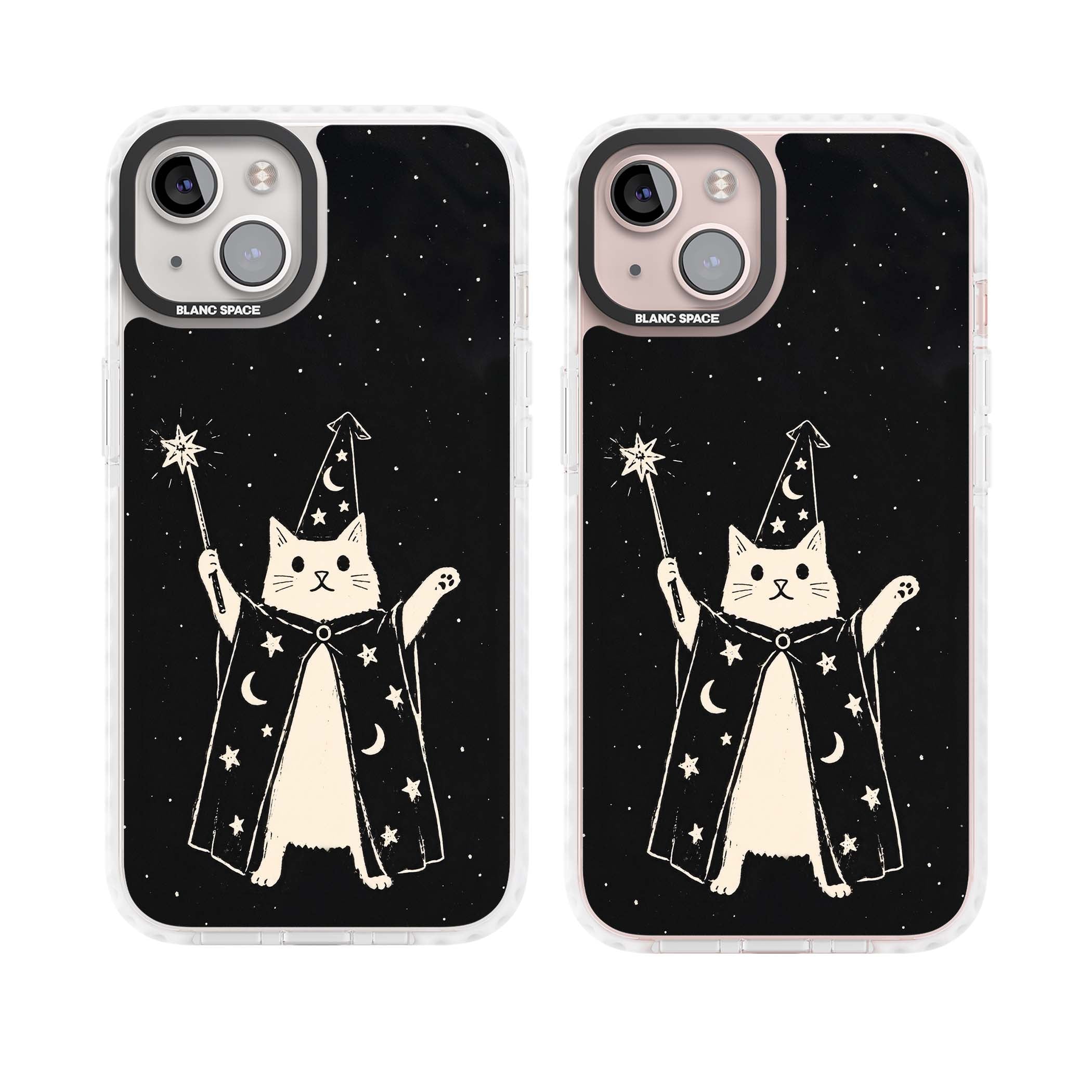Whisker Wizard celestial cat iPhone case featuring a wizard cat with magic wand, starry night sky and crescent moons | Impact Magsafe case for iPhone 13, iPhone 14, iPhone 15