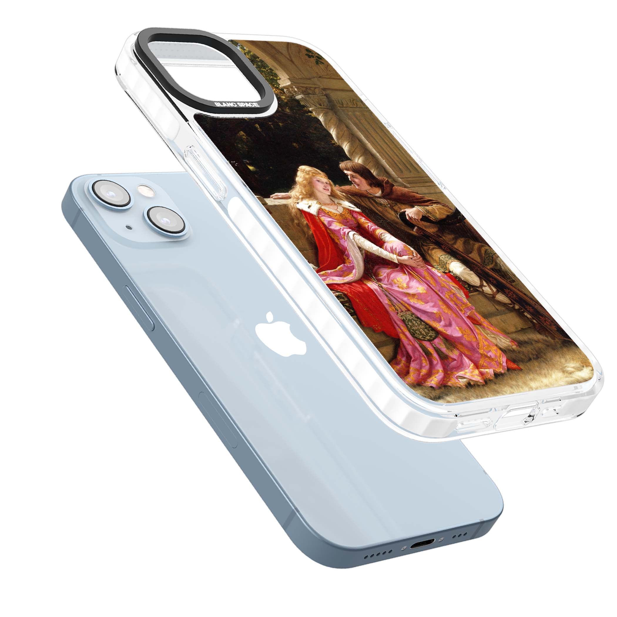 The End of the Song classic art iPhone case featuring a medieval lady in pink gown and her knight in a stone archway | Impact Magsafe case for iPhone 13, iPhone 14, iPhone 15