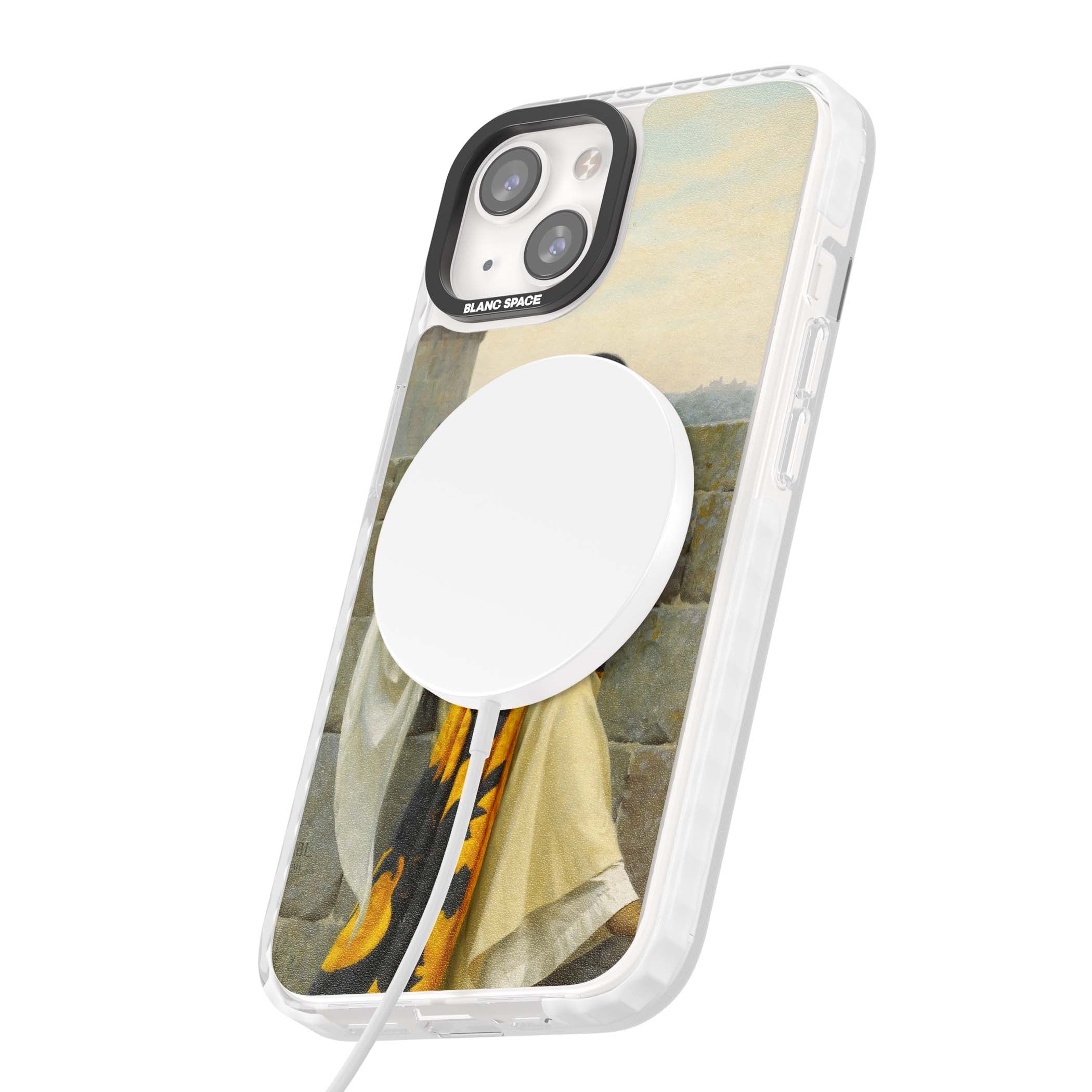 Stitching the Standard renaissance art iPhone case featuring a medieval lady sewing a golden banner on a castle wall | Impact Magsafe case for iPhone 13, iPhone 14, iPhone 15