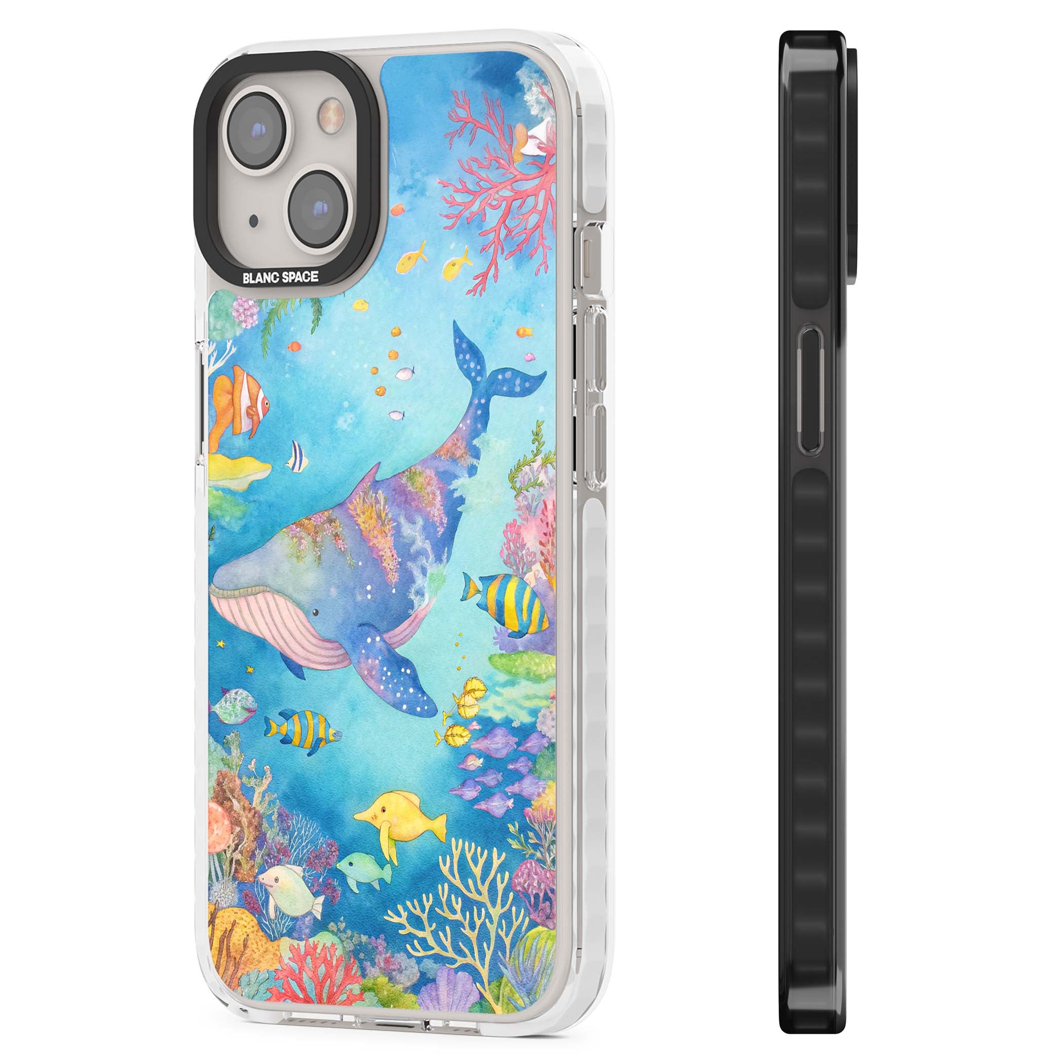 Coral Lagoon ocean iPhone case featuring a watercolour whale, coral reef and tropical fish | Impact Magsafe case for iPhone 13, iPhone 14, iPhone 15