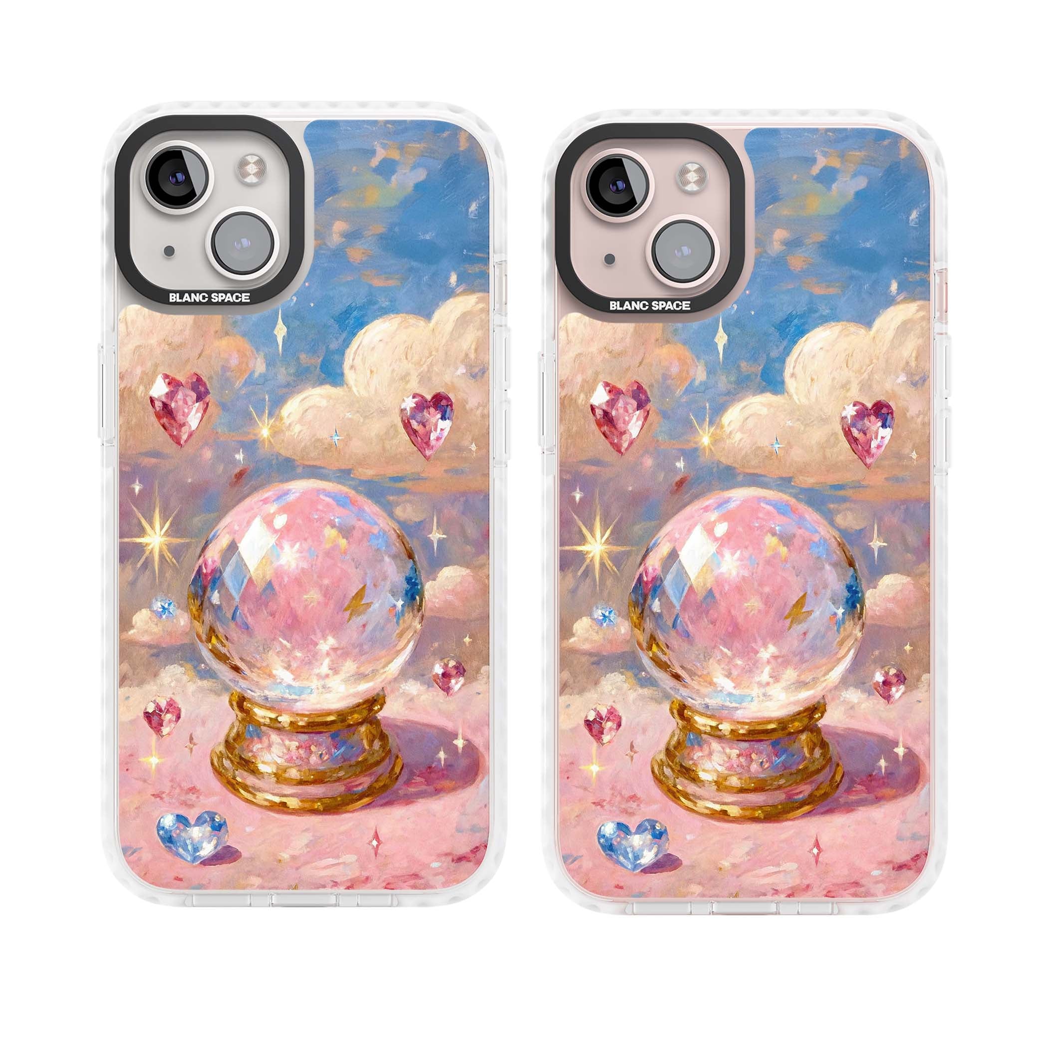 Crystal Ball fairycore iPhone case featuring a painted crystal ball, heart gemstones, and pastel clouds | Impact Magsafe case for iPhone 13, iPhone 14, iPhone 15