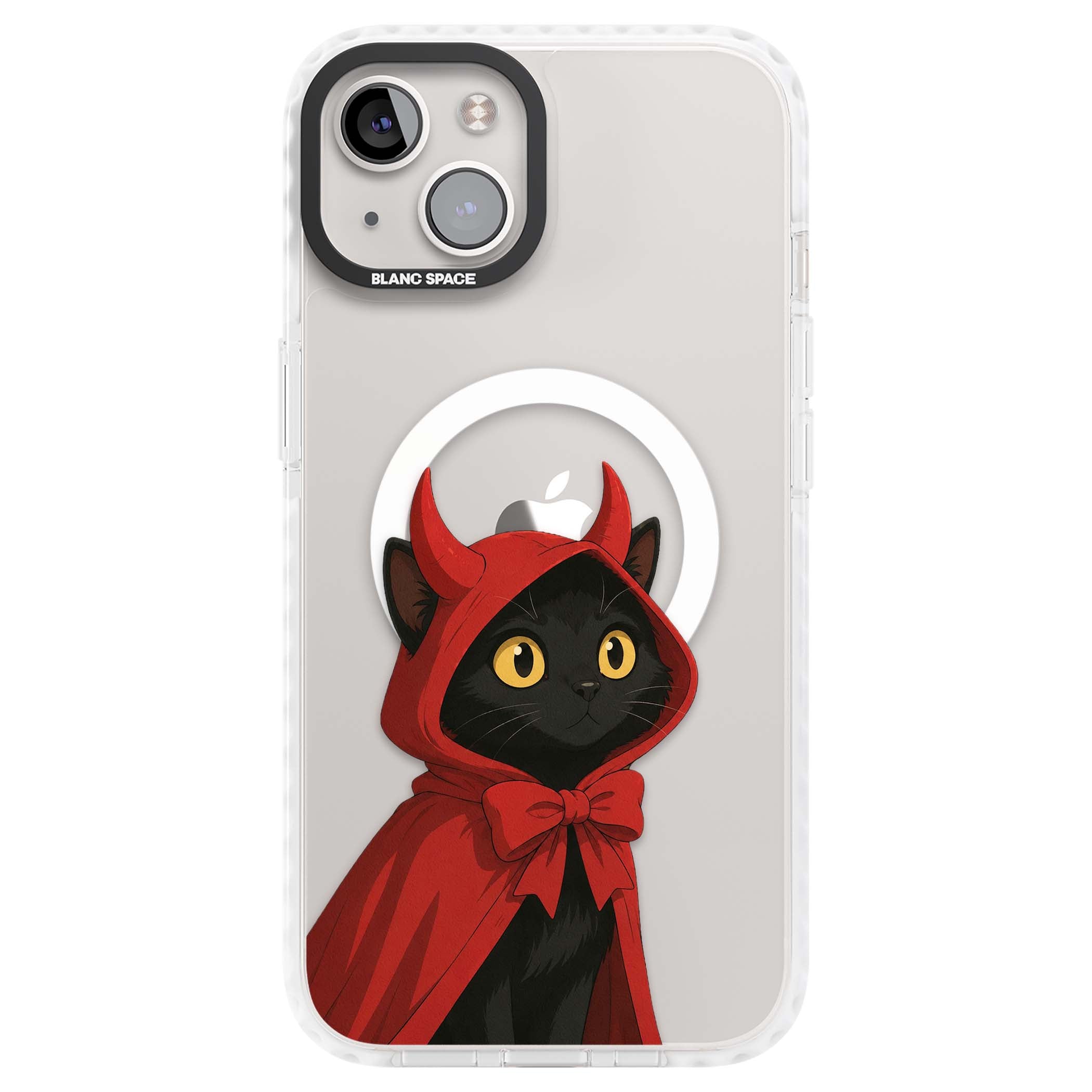 Little Devil halloween iPhone case featuring a black cat in a red hooded devil cloak with horns and golden eyes | Impact Magsafe case for iPhone 13, iPhone 14, iPhone 15