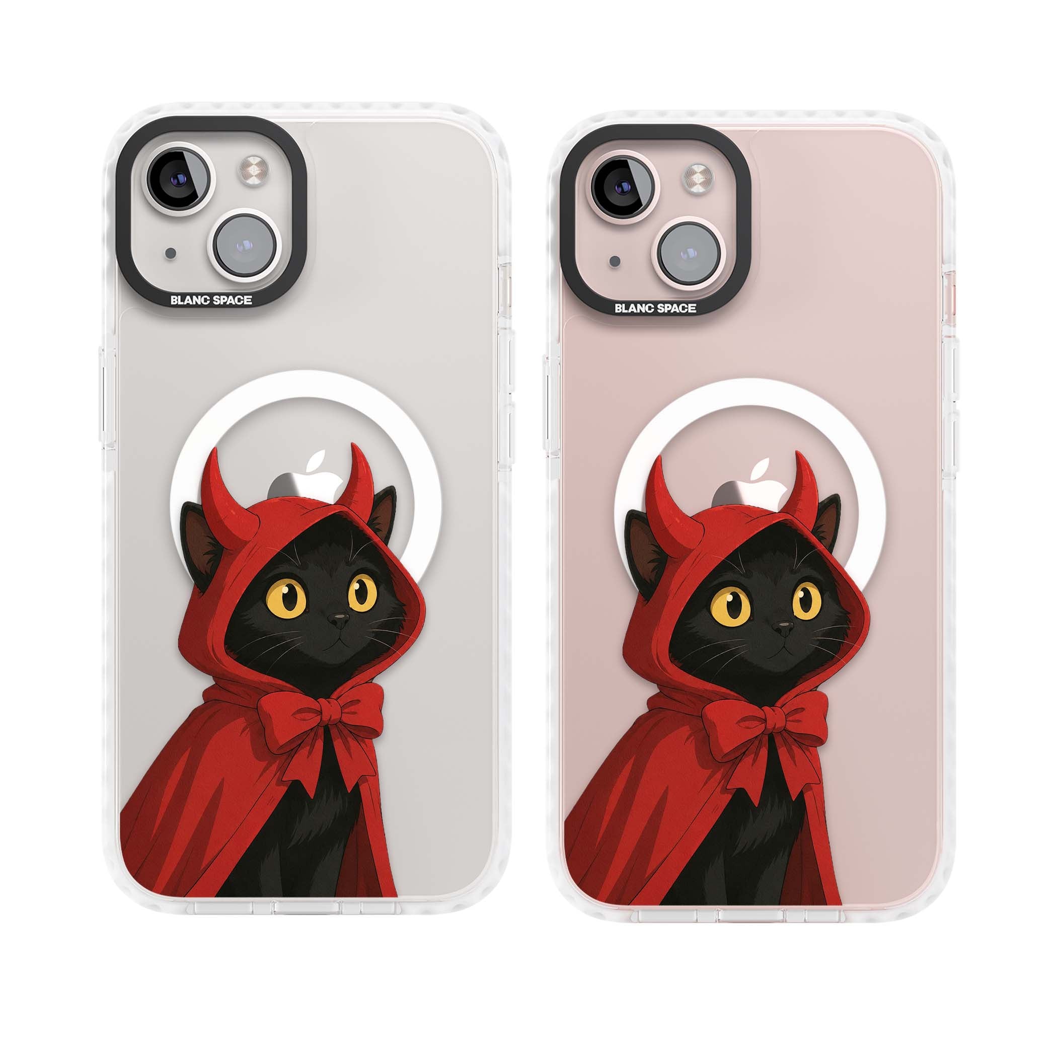 Little Devil halloween iPhone case featuring a black cat in a red hooded devil cloak with horns and golden eyes | Impact Magsafe case for iPhone 13, iPhone 14, iPhone 15