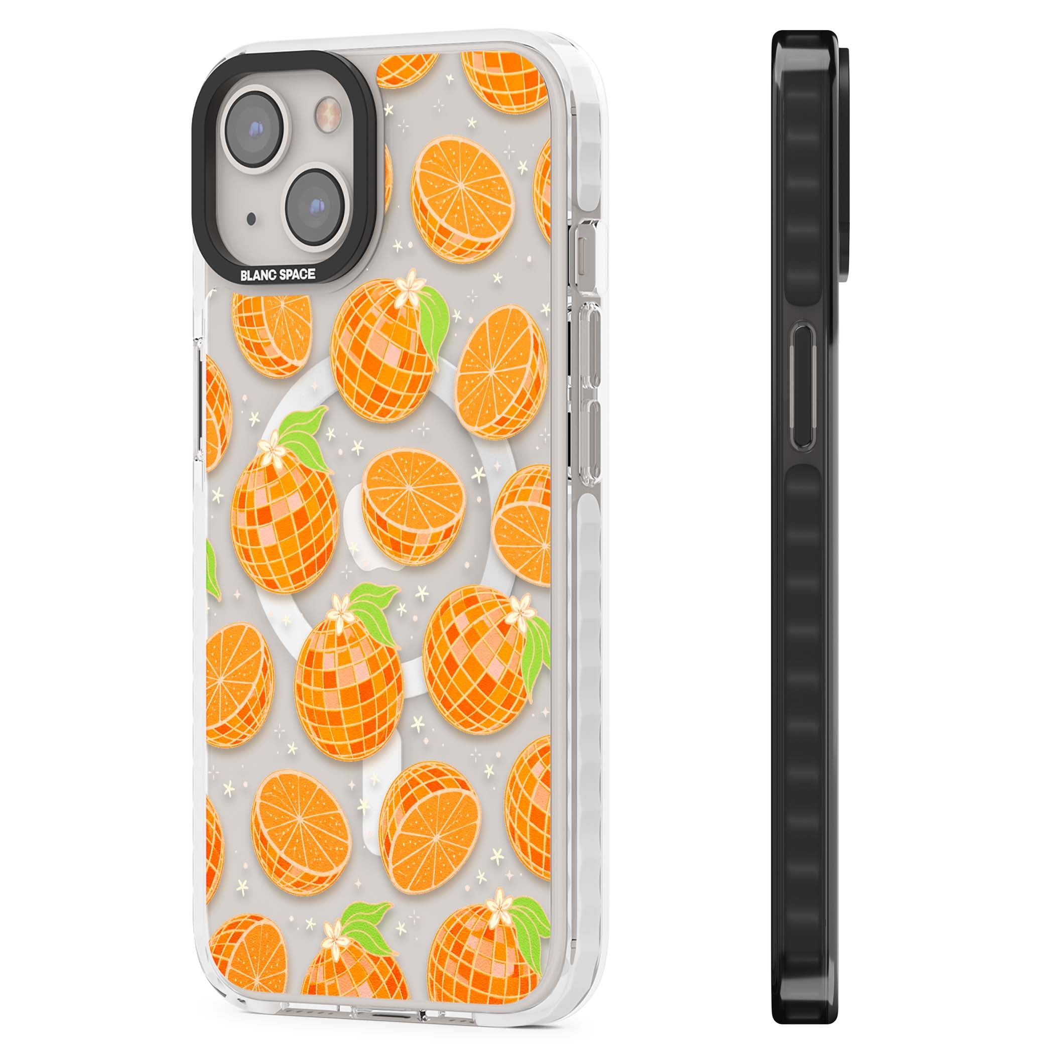 Disco Oranges retro iPhone case featuring mirrorball oranges, citrus slices and tiny blossoms on clear | Impact Magsafe case for iPhone 13, iPhone 14, iPhone 15