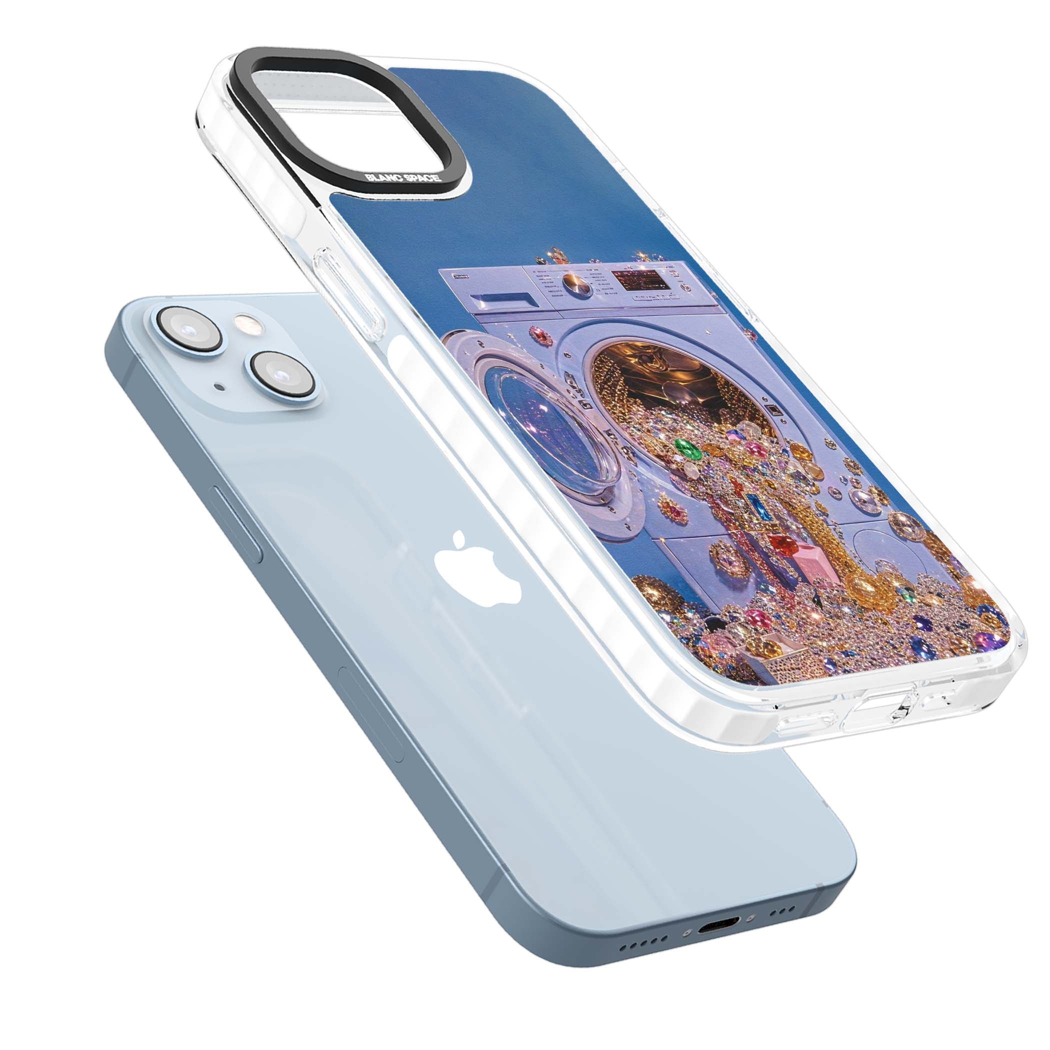 Gem Laundry baddie iPhone case featuring a surreal washing machine overflowing with colourful gemstones and crystals | Impact Magsafe case for iPhone 13, iPhone 14, iPhone 15