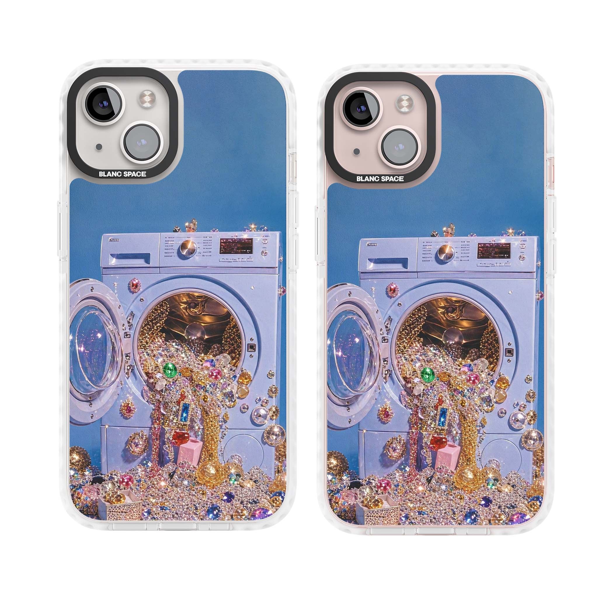 Gem Laundry baddie iPhone case featuring a surreal washing machine overflowing with colourful gemstones and crystals | Impact Magsafe case for iPhone 13, iPhone 14, iPhone 15
