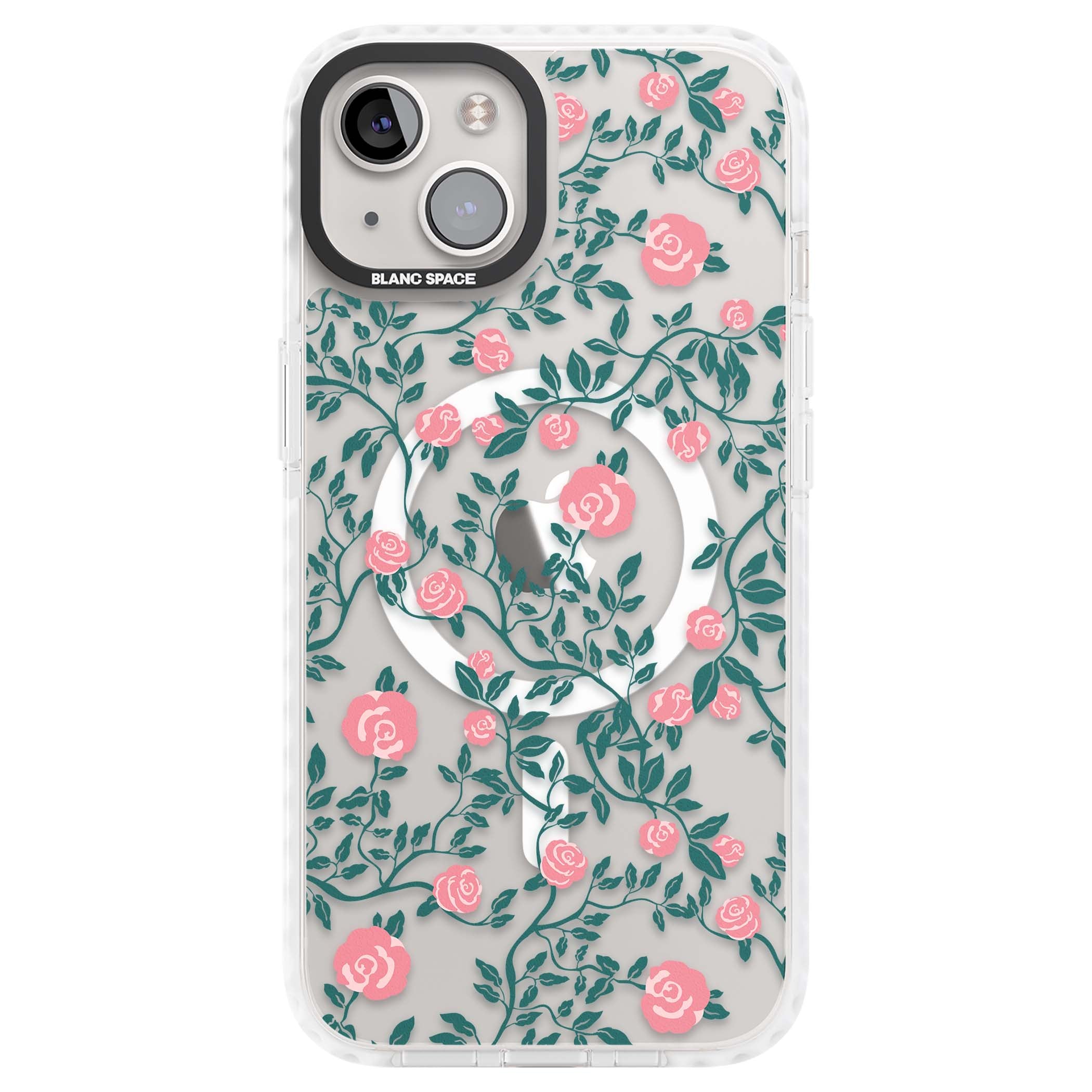 Rose Trellis (Clear) cottagecore iPhone case featuring pink climbing roses and green leaves on clear background | Impact Magsafe case for iPhone 13, iPhone 14, iPhone 15