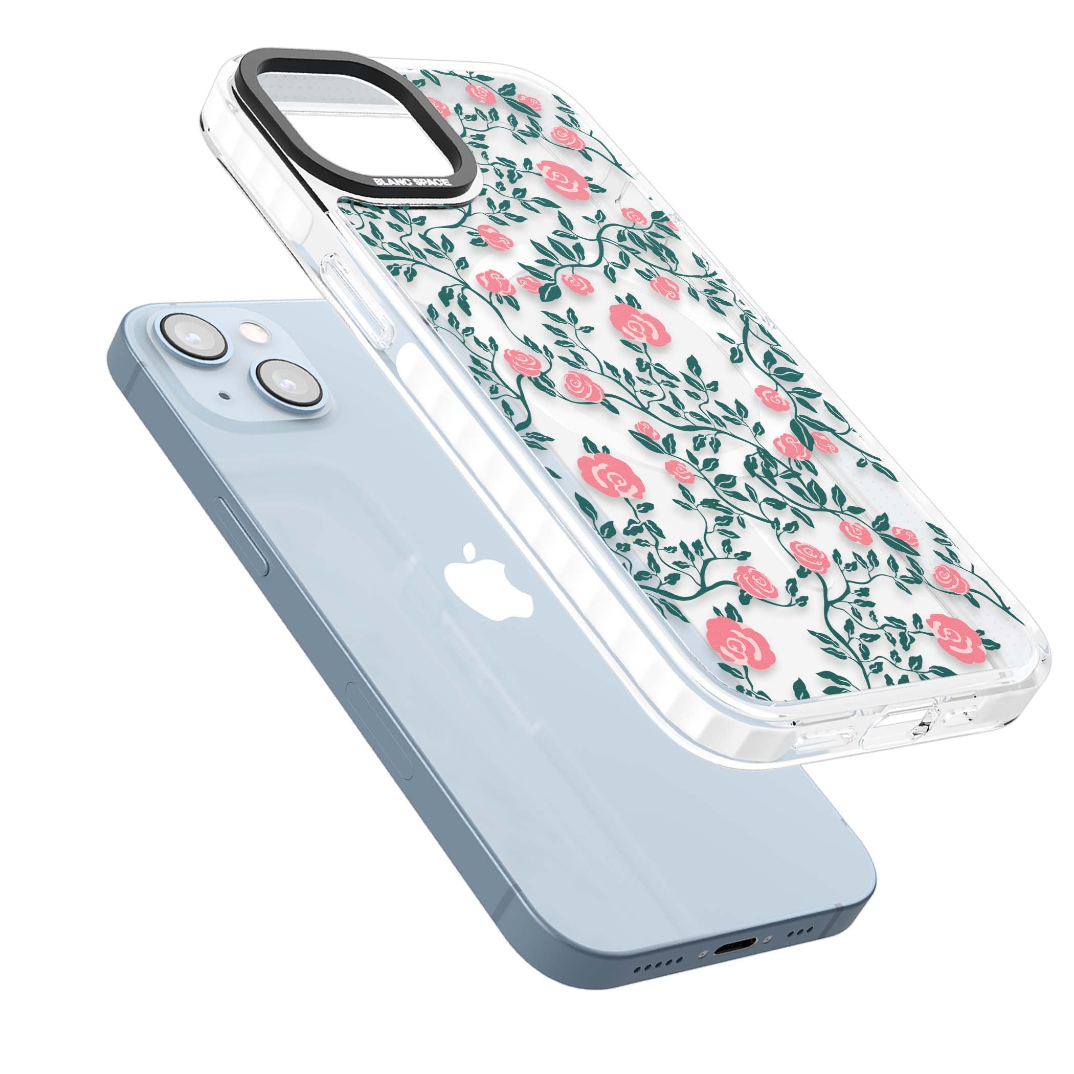 Rose Trellis (Clear) cottagecore iPhone case featuring pink climbing roses and green leaves on clear background | Impact Magsafe case for iPhone 13, iPhone 14, iPhone 15