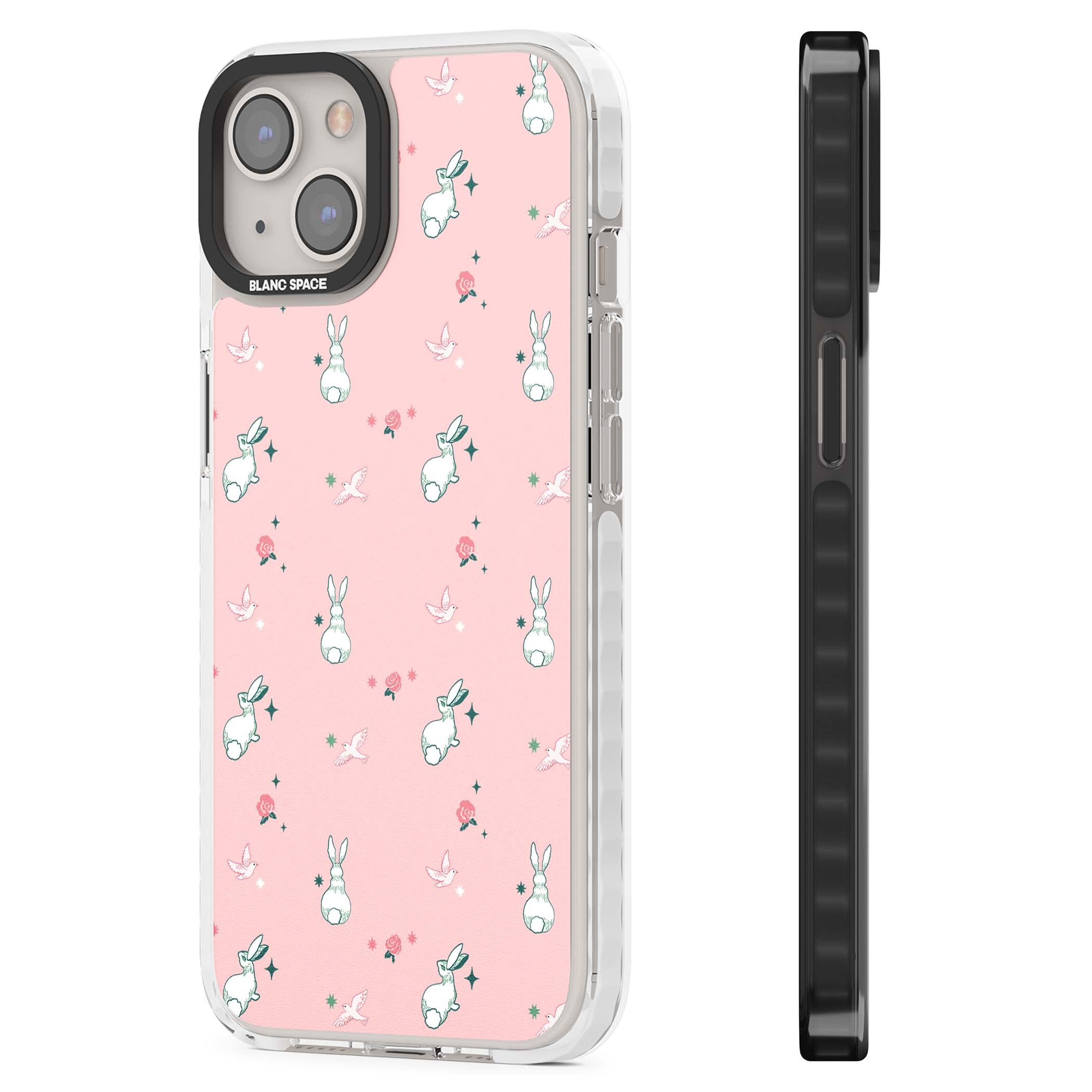 Bunny Garden kawaii iPhone case featuring white rabbits, pink roses, doves and stars on pink background | Impact Magsafe case for iPhone 13, iPhone 14, iPhone 15
