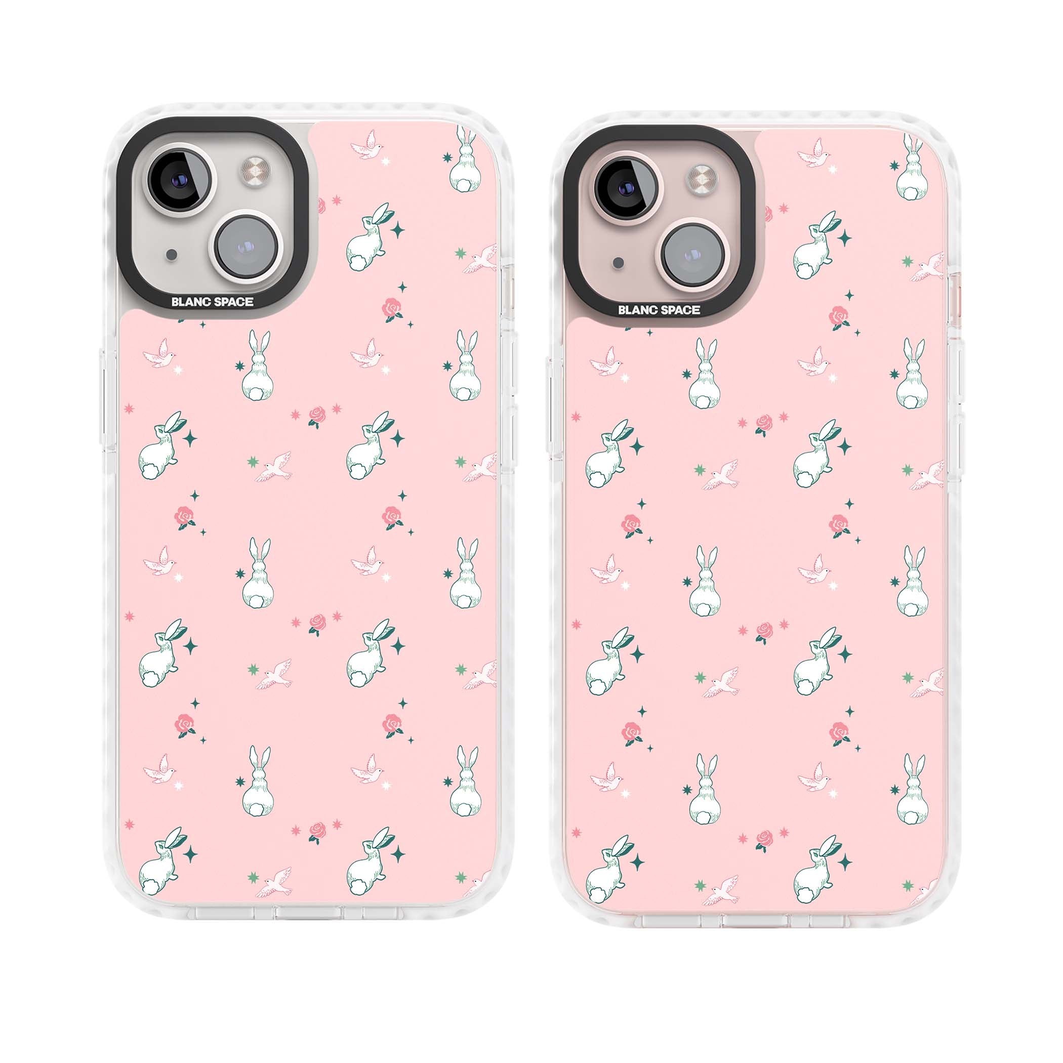 Bunny Garden kawaii iPhone case featuring white rabbits, pink roses, doves and stars on pink background | Impact Magsafe case for iPhone 13, iPhone 14, iPhone 15