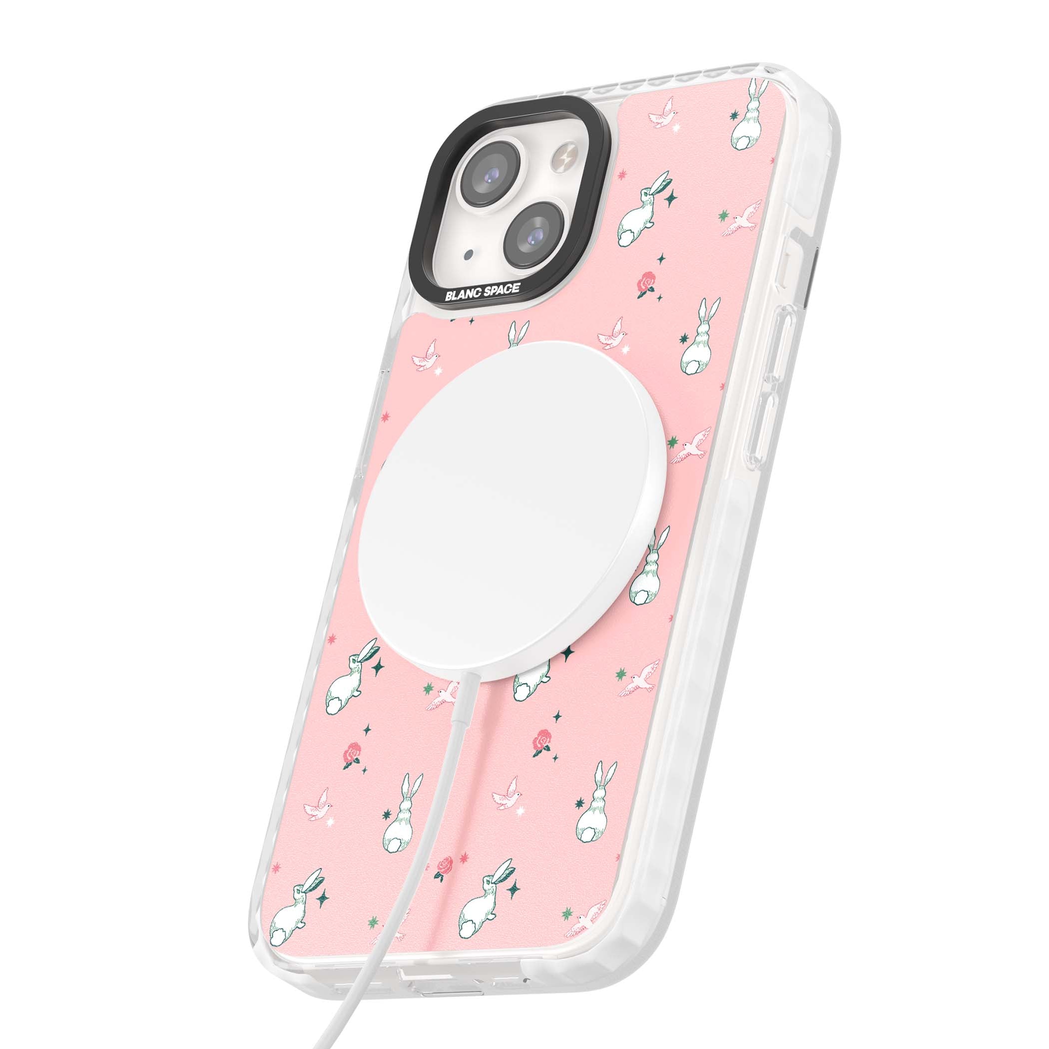 Bunny Garden kawaii iPhone case featuring white rabbits, pink roses, doves and stars on pink background | Impact Magsafe case for iPhone 13, iPhone 14, iPhone 15