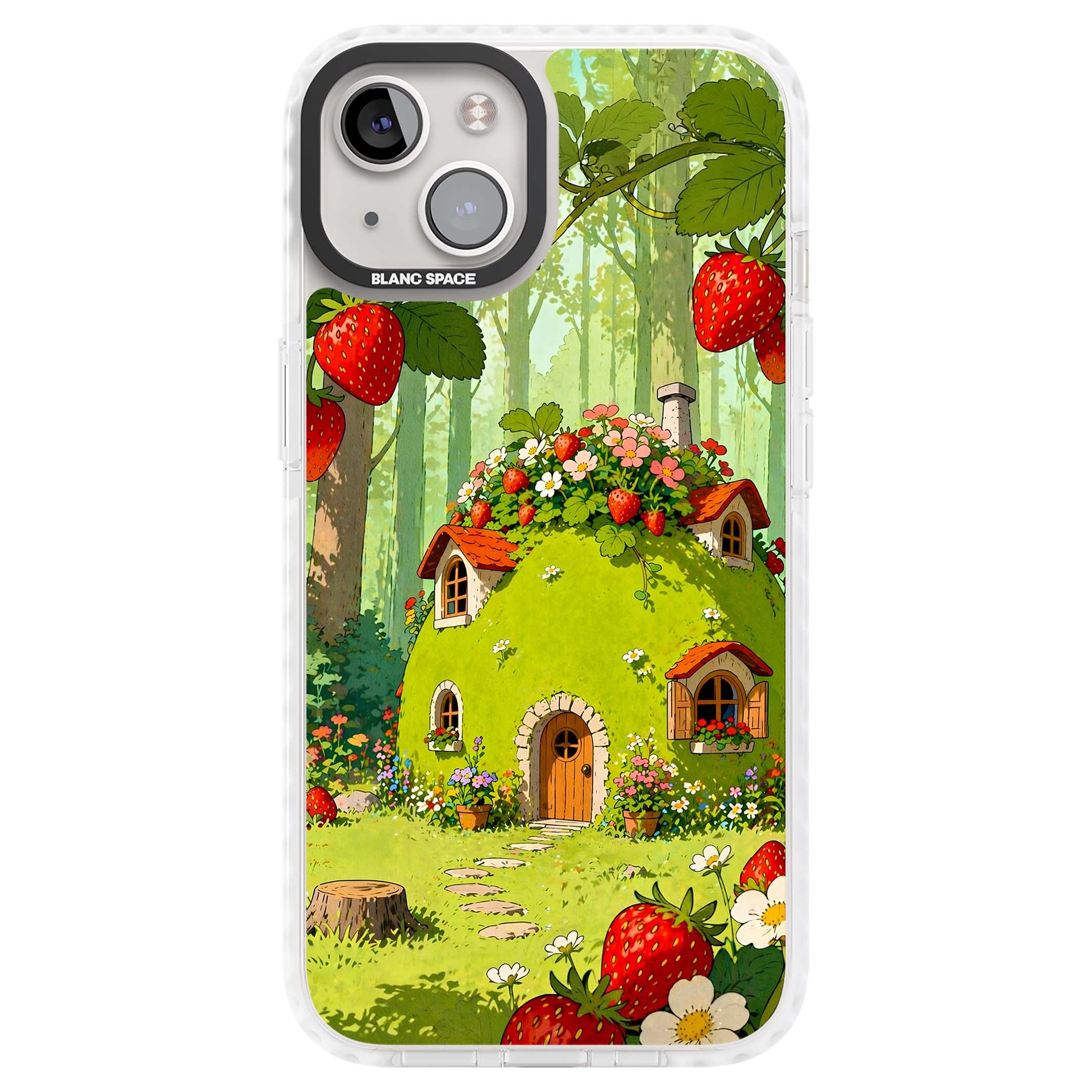 Strawberry Cottage cottagecore iPhone case featuring a green fairy house, wild strawberries and enchanted forest flowers | Impact Magsafe case for iPhone 13, iPhone 14, iPhone 15