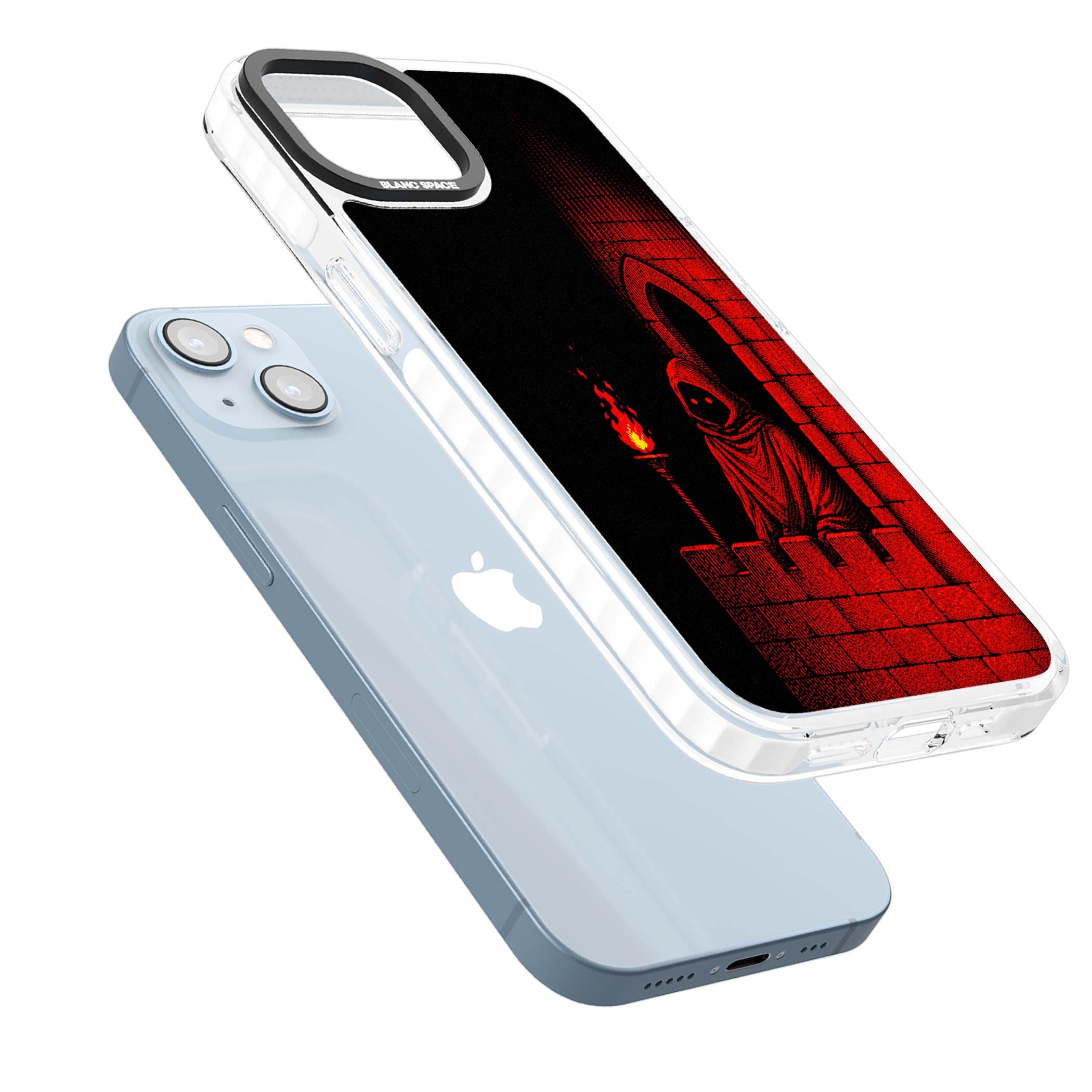 Crimson Crypt gothic iPhone case featuring a hooded reaper, torchlit crypt archway and red halftone horror art | Impact Magsafe case for iPhone 13, iPhone 14, iPhone 15