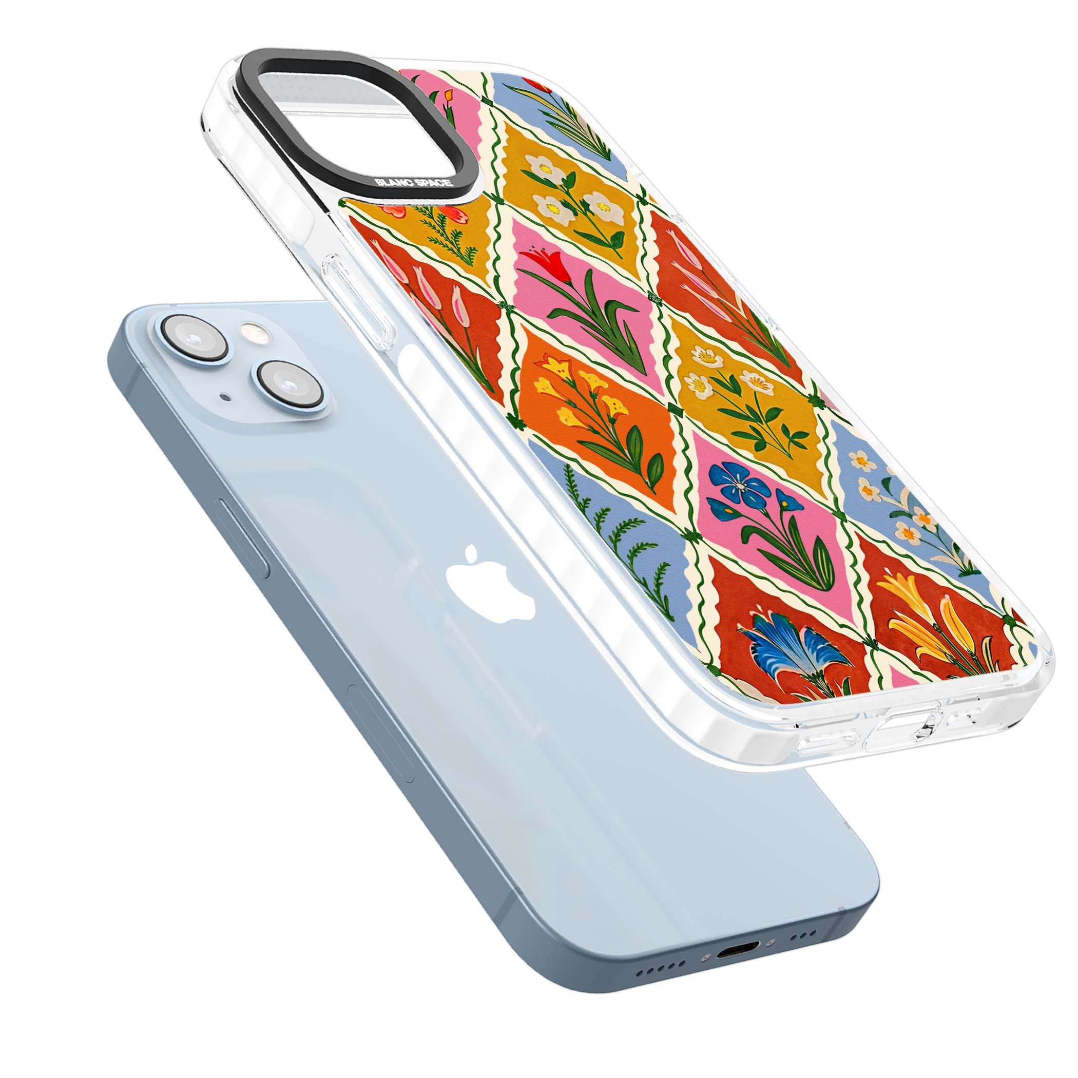Floral Quilt boho floral iPhone case featuring diamond lattice pattern, hand-painted tulips and folk art wildflowers | Impact Magsafe case for iPhone 13, iPhone 14, iPhone 15