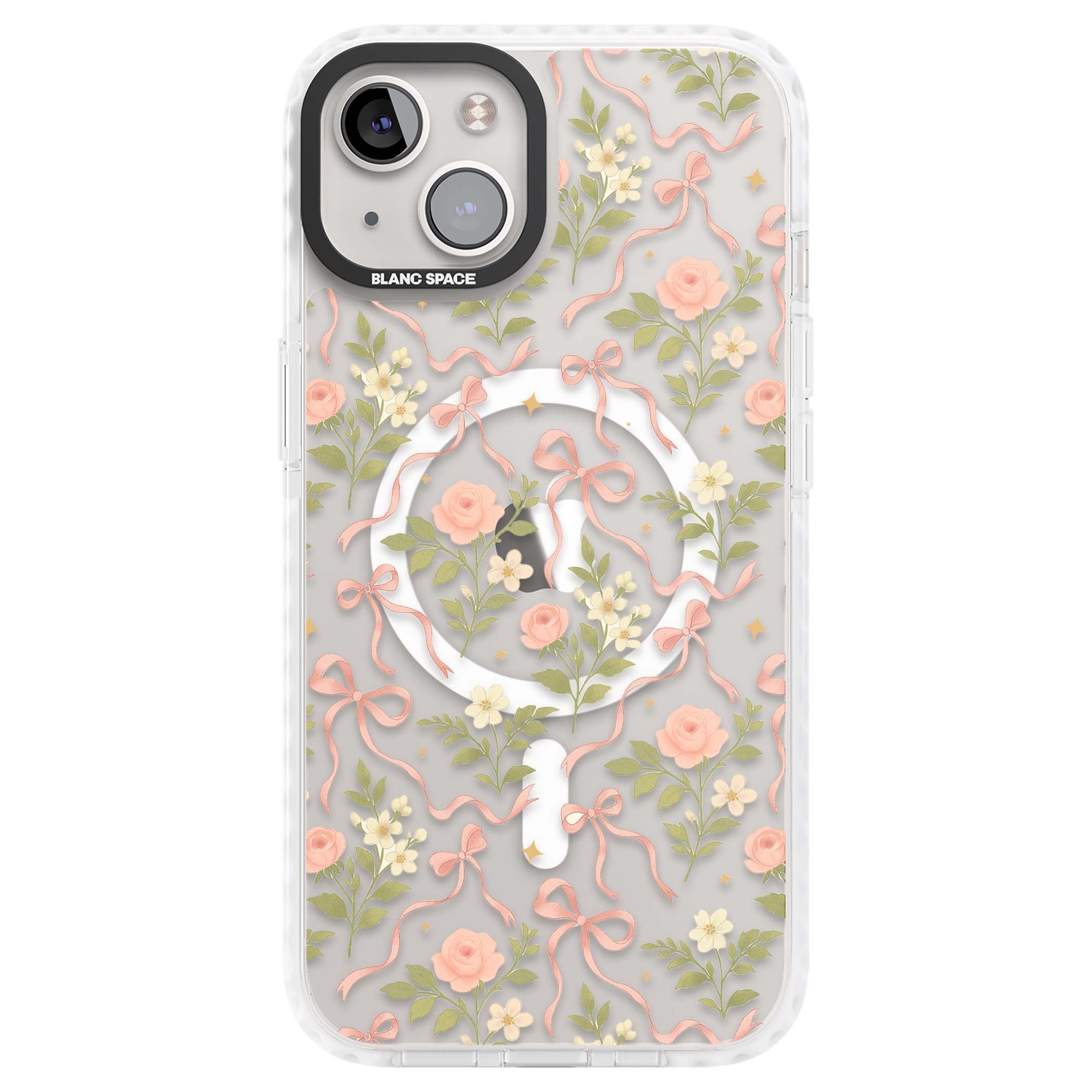 Ribbon Garden coquette iPhone case featuring pink bows, peach roses and wildflowers on white background | Impact Magsafe case for iPhone 13, iPhone 14, iPhone 15