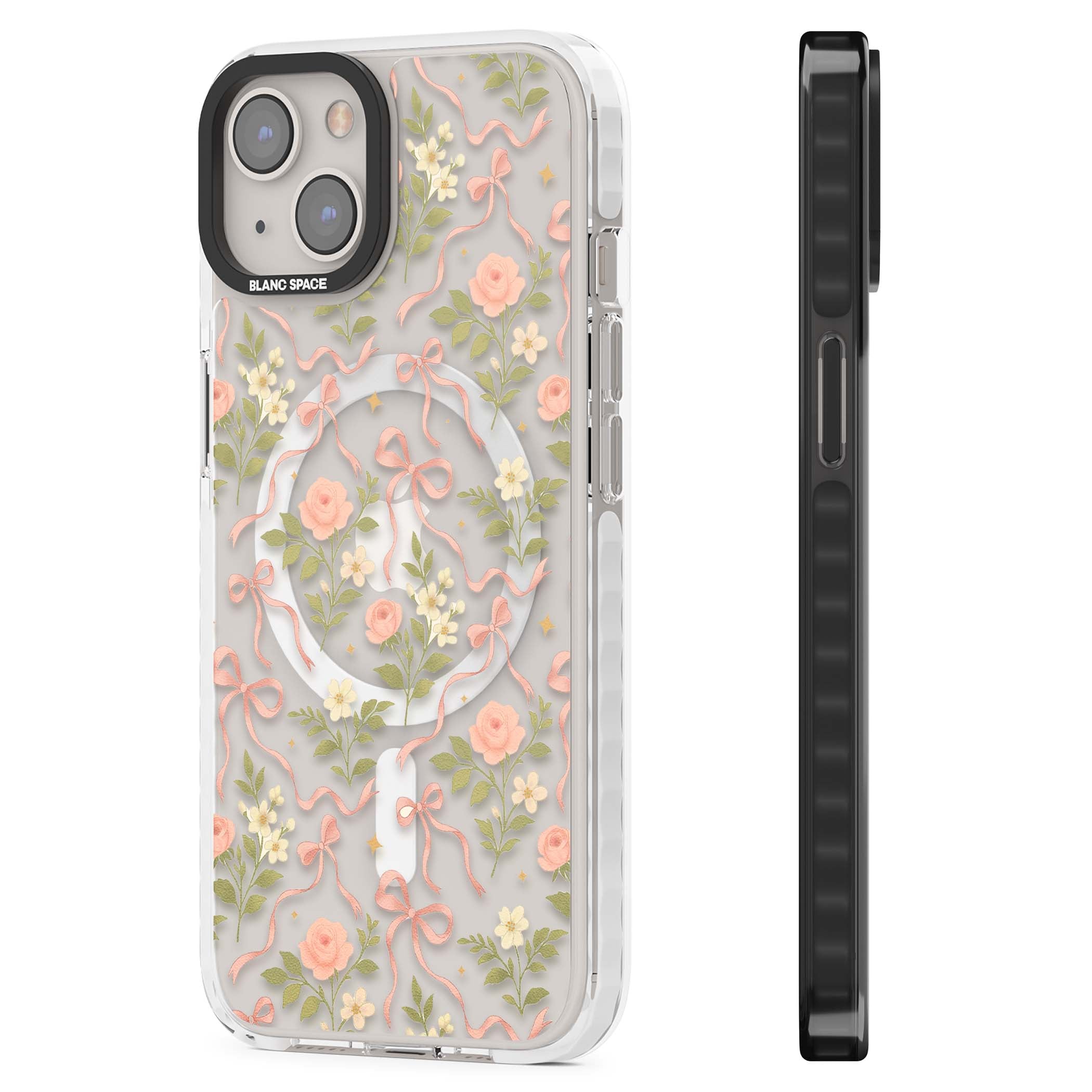 Ribbon Garden coquette iPhone case featuring pink bows, peach roses and wildflowers on white background | Impact Magsafe case for iPhone 13, iPhone 14, iPhone 15