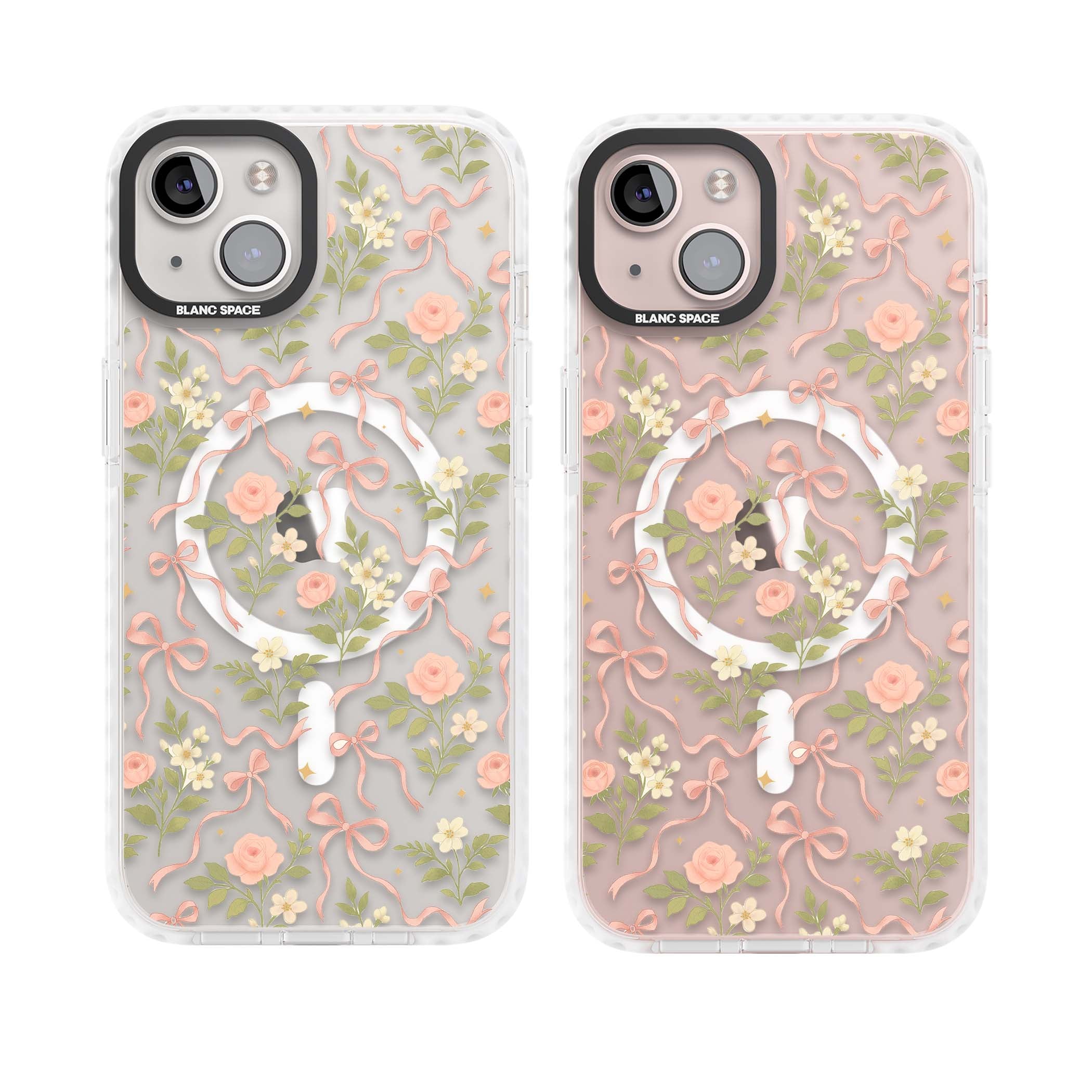 Ribbon Garden coquette iPhone case featuring pink bows, peach roses and wildflowers on white background | Impact Magsafe case for iPhone 13, iPhone 14, iPhone 15