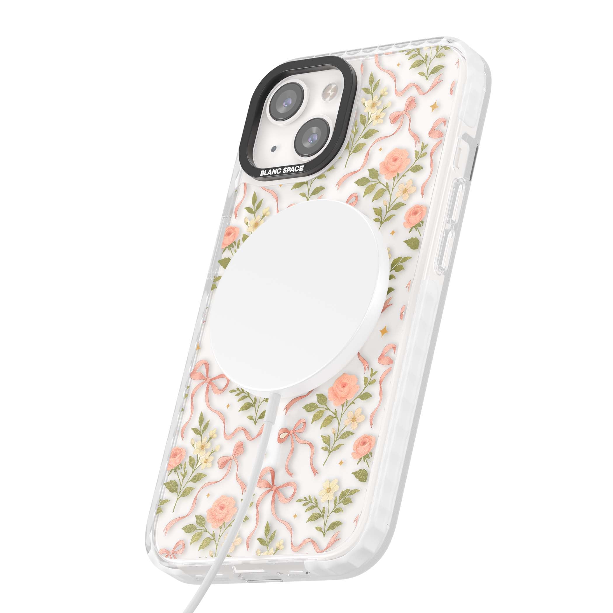 Ribbon Garden coquette iPhone case featuring pink bows, peach roses and wildflowers on white background | Impact Magsafe case for iPhone 13, iPhone 14, iPhone 15