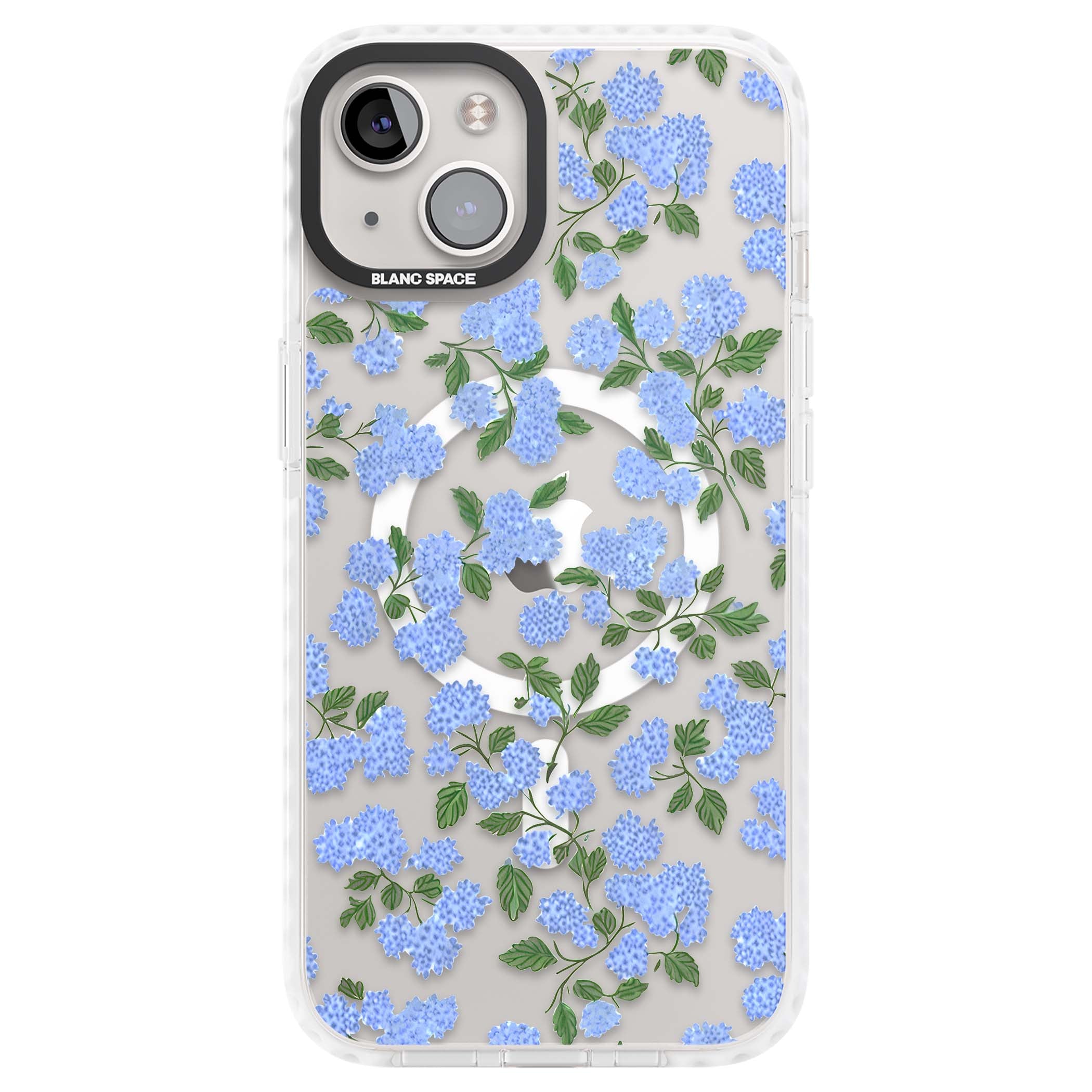 Hydrangea Dreams cottagecore iPhone case featuring soft blue hydrangea flower clusters and green leaves | Impact Magsafe case for iPhone 13, iPhone 14, iPhone 15