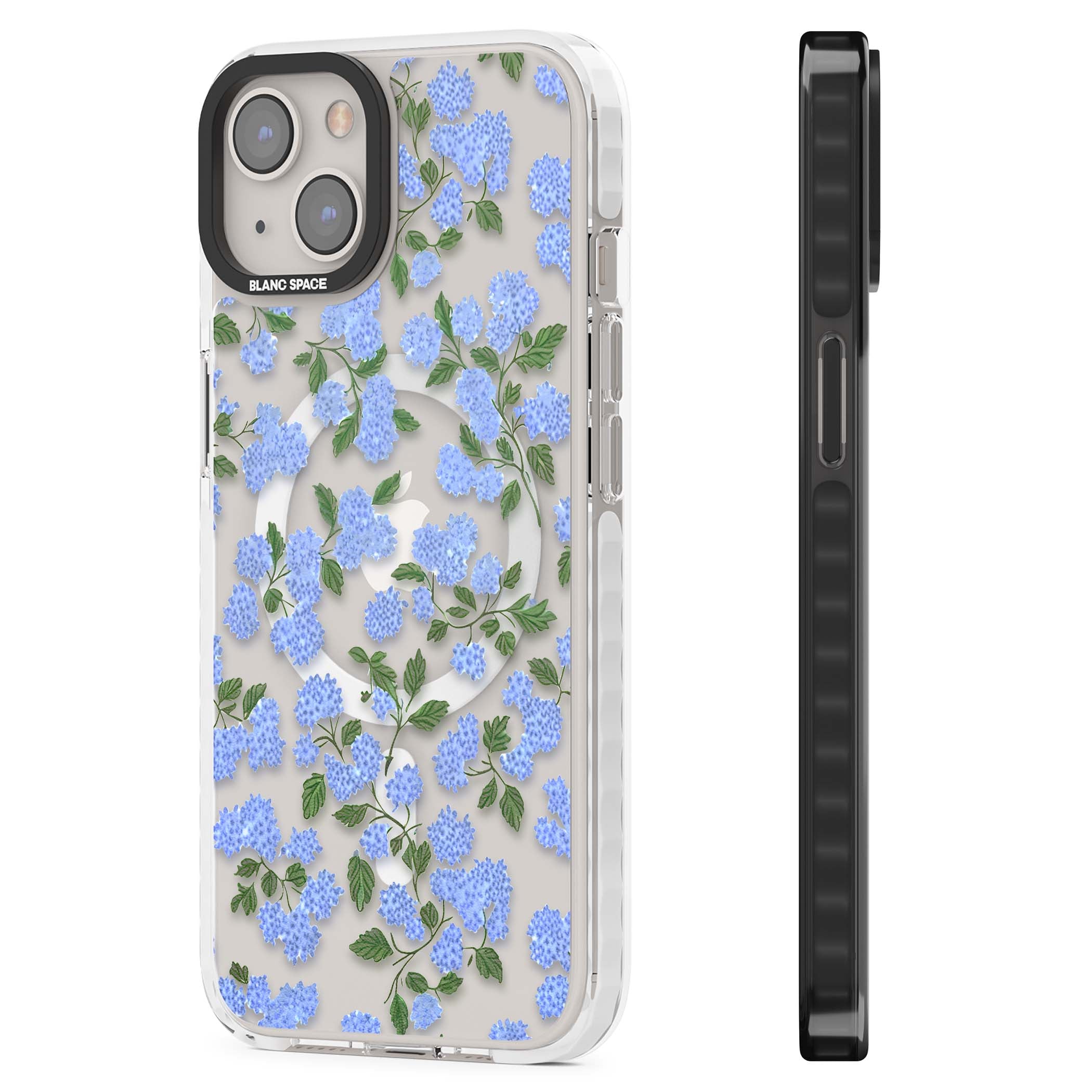 Hydrangea Dreams cottagecore iPhone case featuring soft blue hydrangea flower clusters and green leaves | Impact Magsafe case for iPhone 13, iPhone 14, iPhone 15