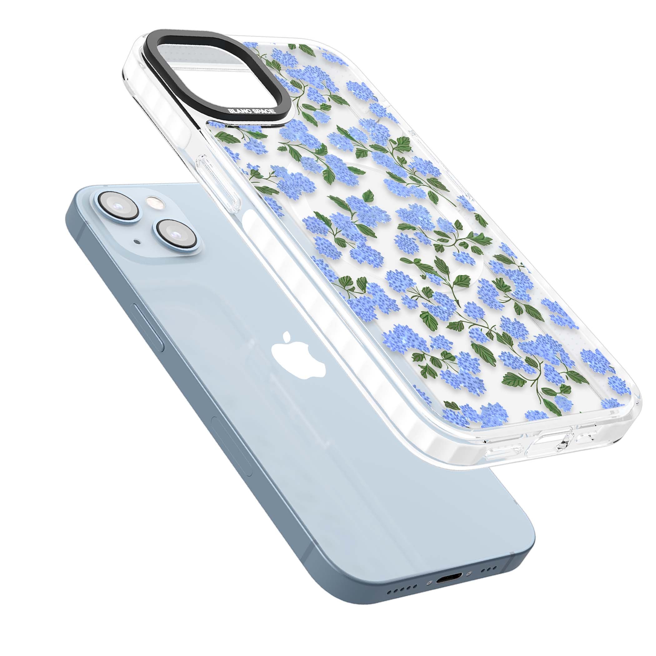 Hydrangea Dreams cottagecore iPhone case featuring soft blue hydrangea flower clusters and green leaves | Impact Magsafe case for iPhone 13, iPhone 14, iPhone 15