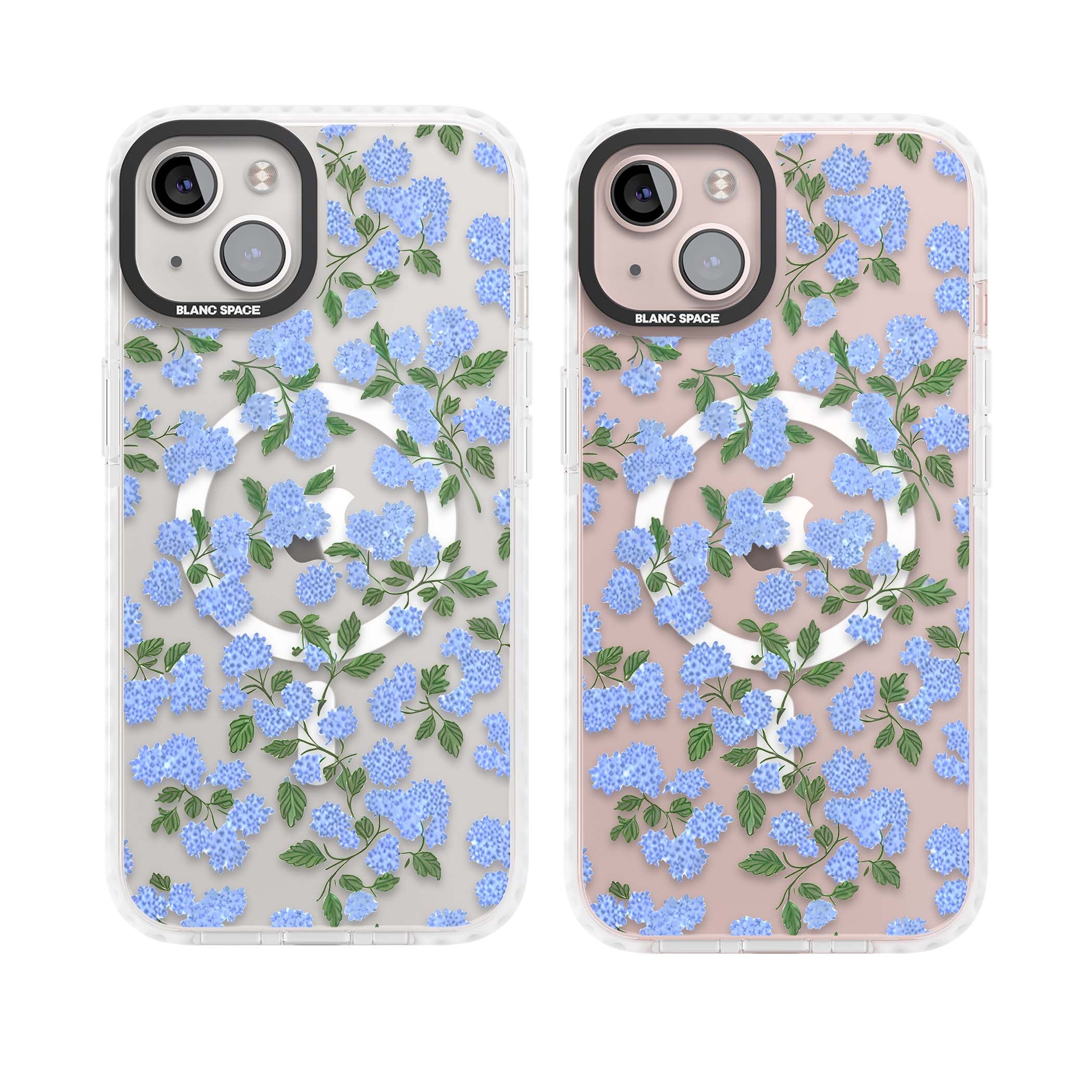 Hydrangea Dreams cottagecore iPhone case featuring soft blue hydrangea flower clusters and green leaves | Impact Magsafe case for iPhone 13, iPhone 14, iPhone 15
