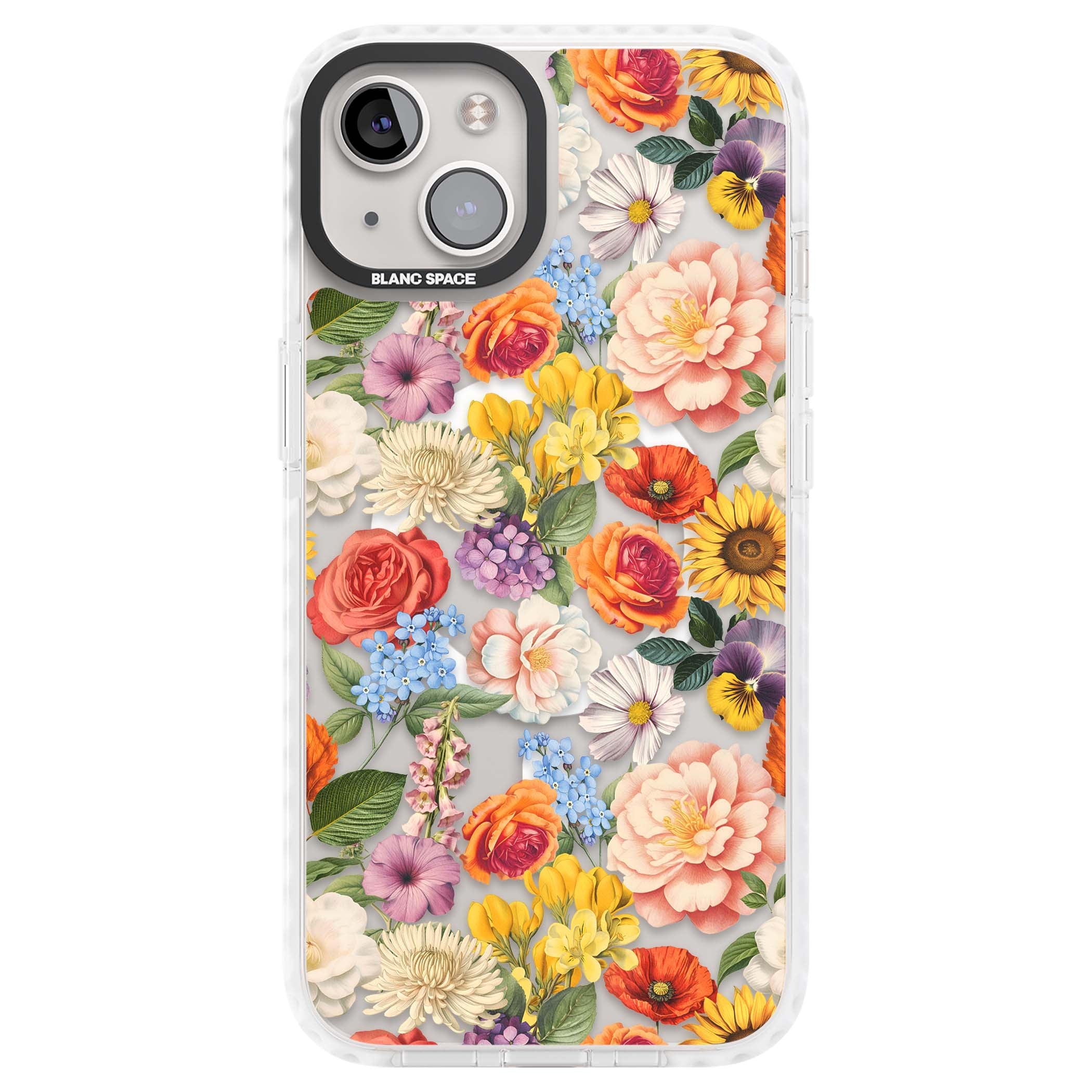 Bloom Basket floral iPhone case featuring cottage garden flowers including peonies, sunflowers, and wildflowers in pastel col | Impact Magsafe case for iPhone 13, iPhone 14, iPhone 15
