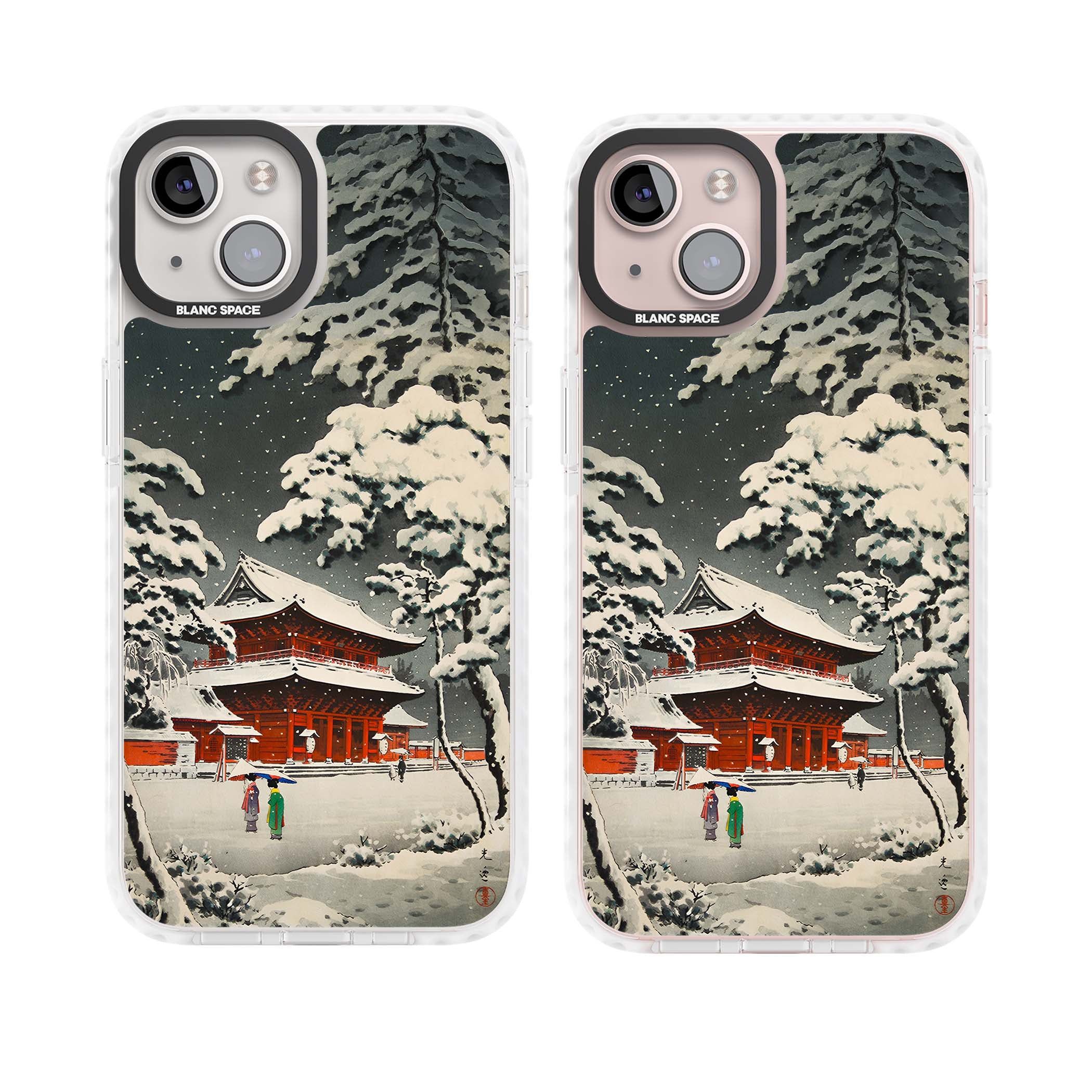 Snow at Shiha Park, Tokyo Japanese art iPhone case featuring a vintage ukiyo-e snowy temple, red pagoda, and snow-covered pin | Impact Magsafe case for iPhone 13, iPhone 14, iPhone 15